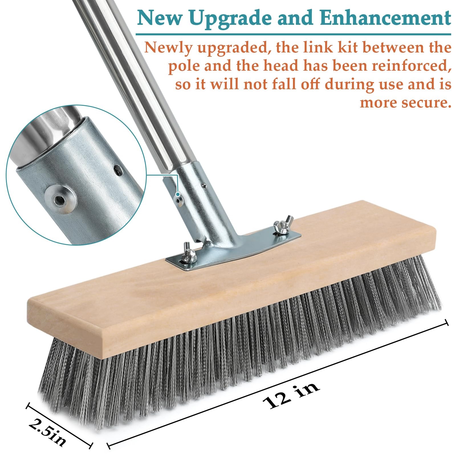 Stainless Steel Deck Scrub Brush with Long Handle, Outdoor Broom for Concrete