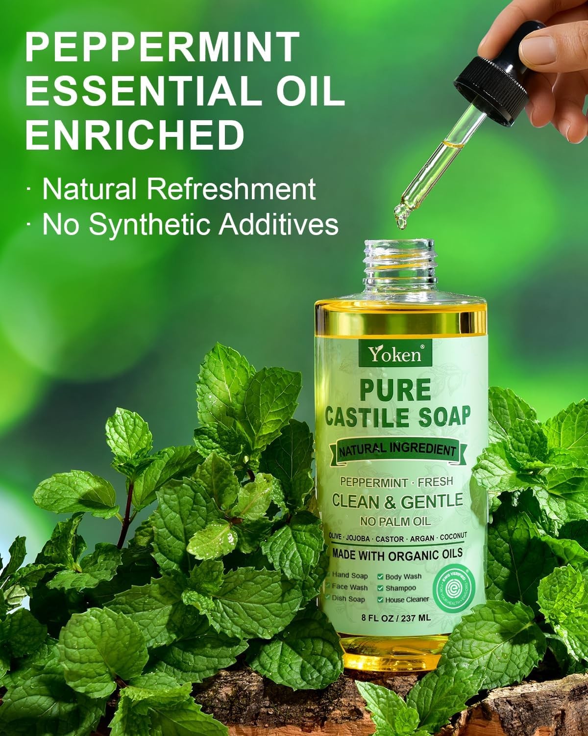 Peppermint Castile Soap Liquid 8 OZ, Made with Certified Organic Oils, Gentle