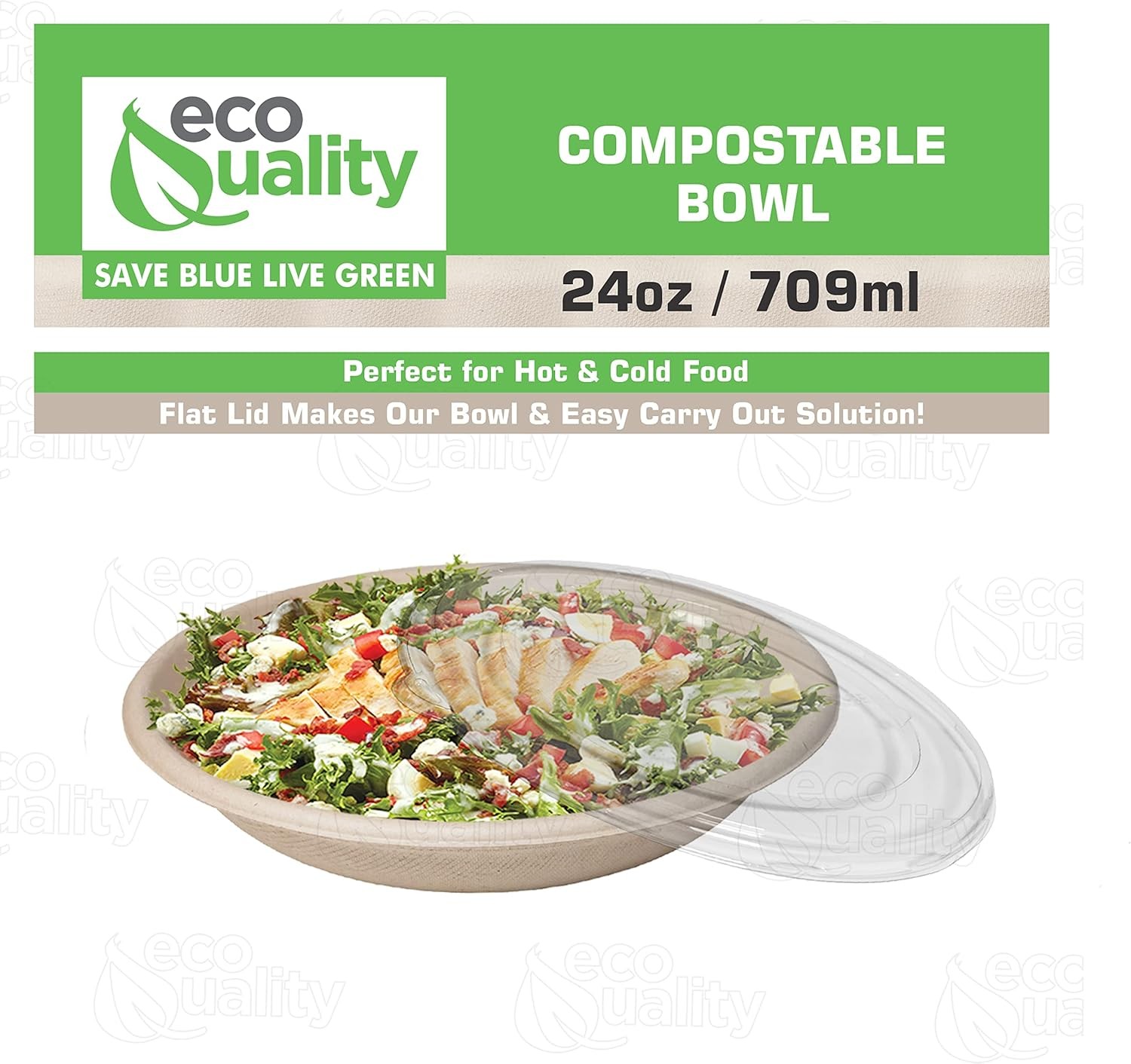 EcoQuality 100 Count 24oz Round Disposable Bowls with Microwavable Lids Natura