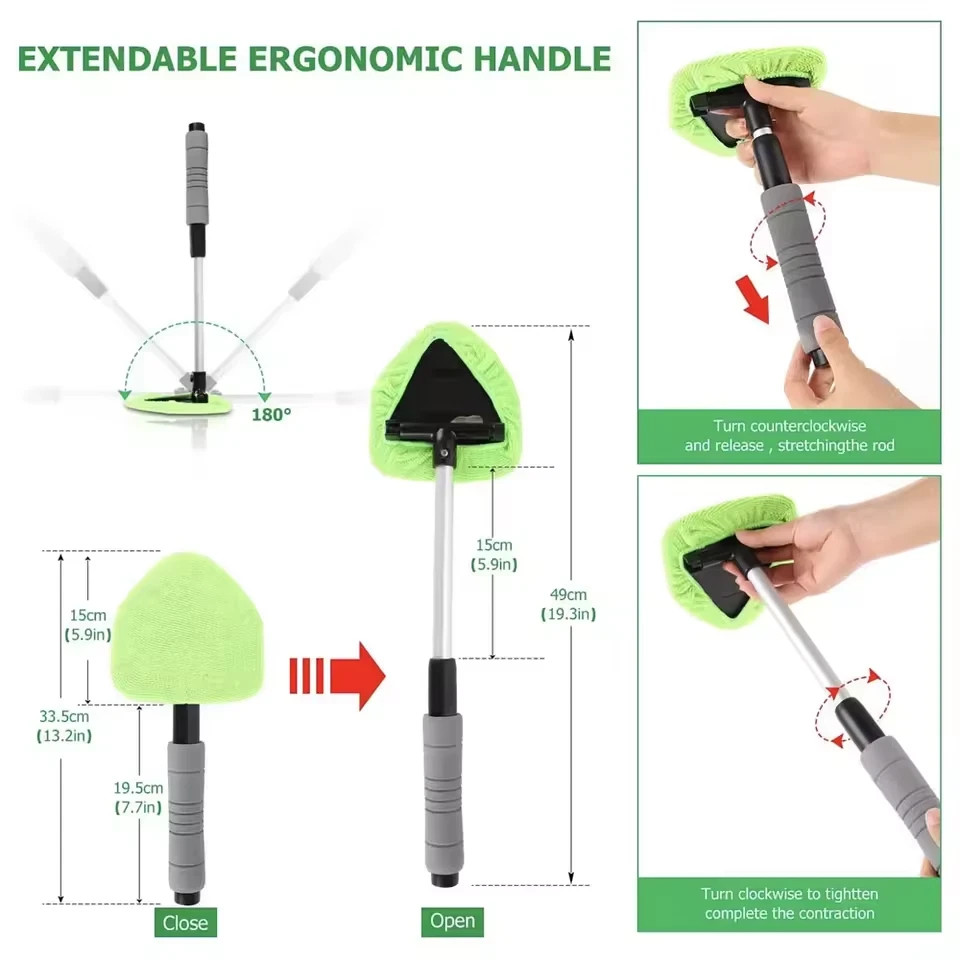 Microfiber Car Windshield Cleaner Brush Telescopic Window Glass Clean Green Set
