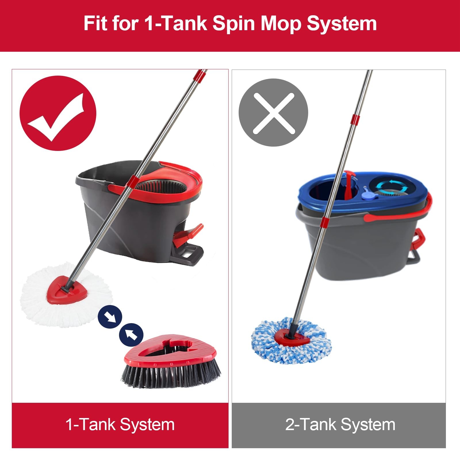 Heavy Duty Scrub Brushes For O Cedar Spin Mop, 2 Pack, Tile Tub, Red