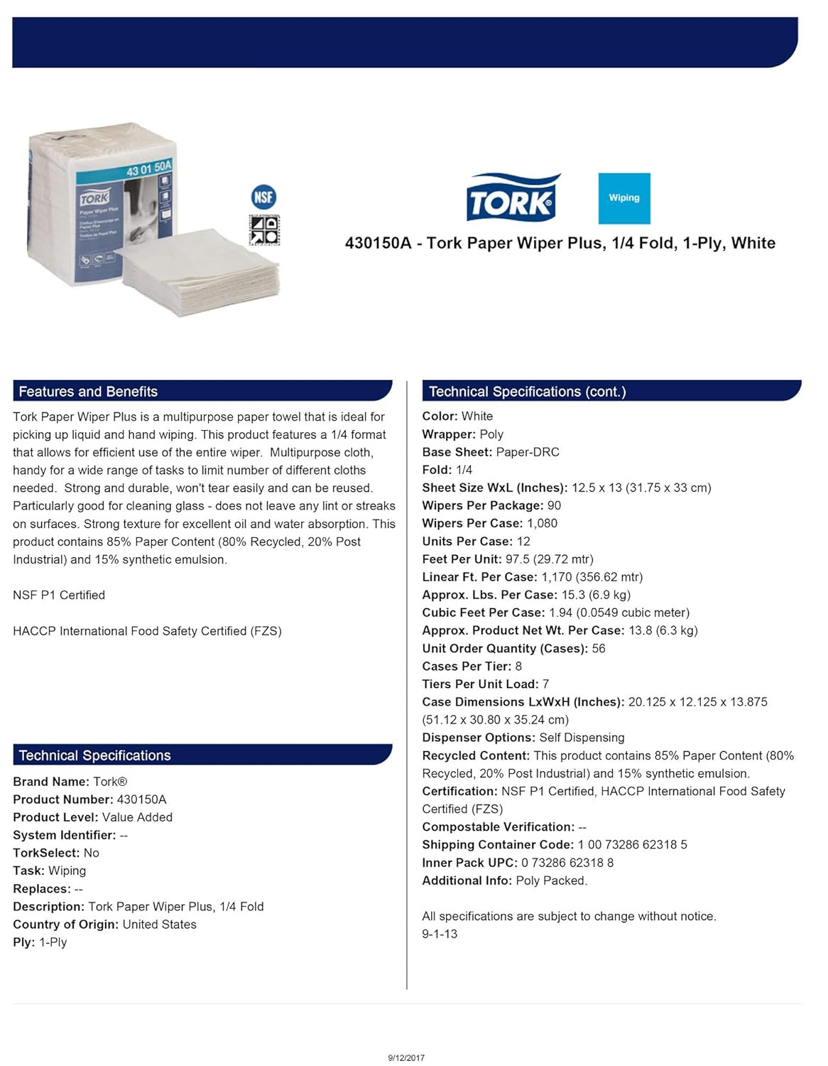 Paper Wiper plus White Self Dispensing, 1/4 Fold, 430150A