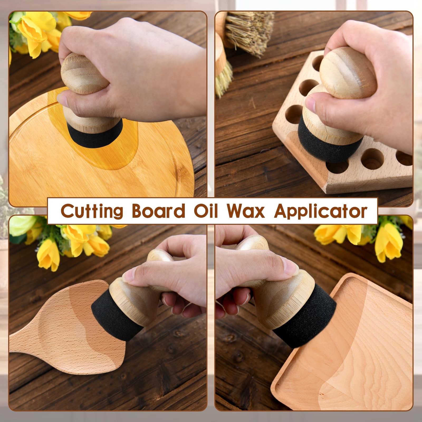 3 Pcs Cutting Board Oil Wax Applicator and Scrub Brush Set Natural Bamboo Wood