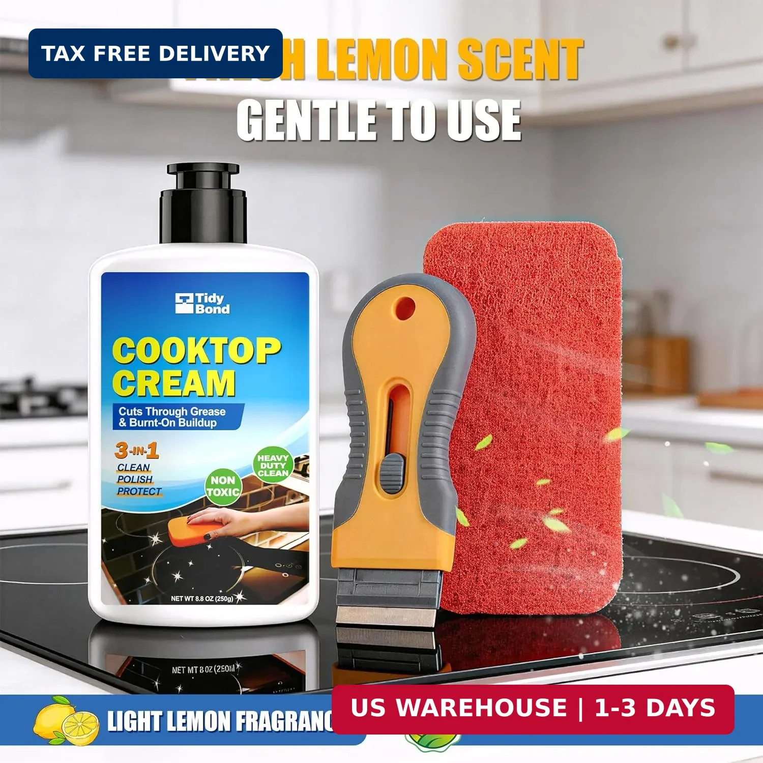 Glass Cooktop Cleaner & Polish Kit – Heavy Duty Stove Top Cleaner with Scraper &