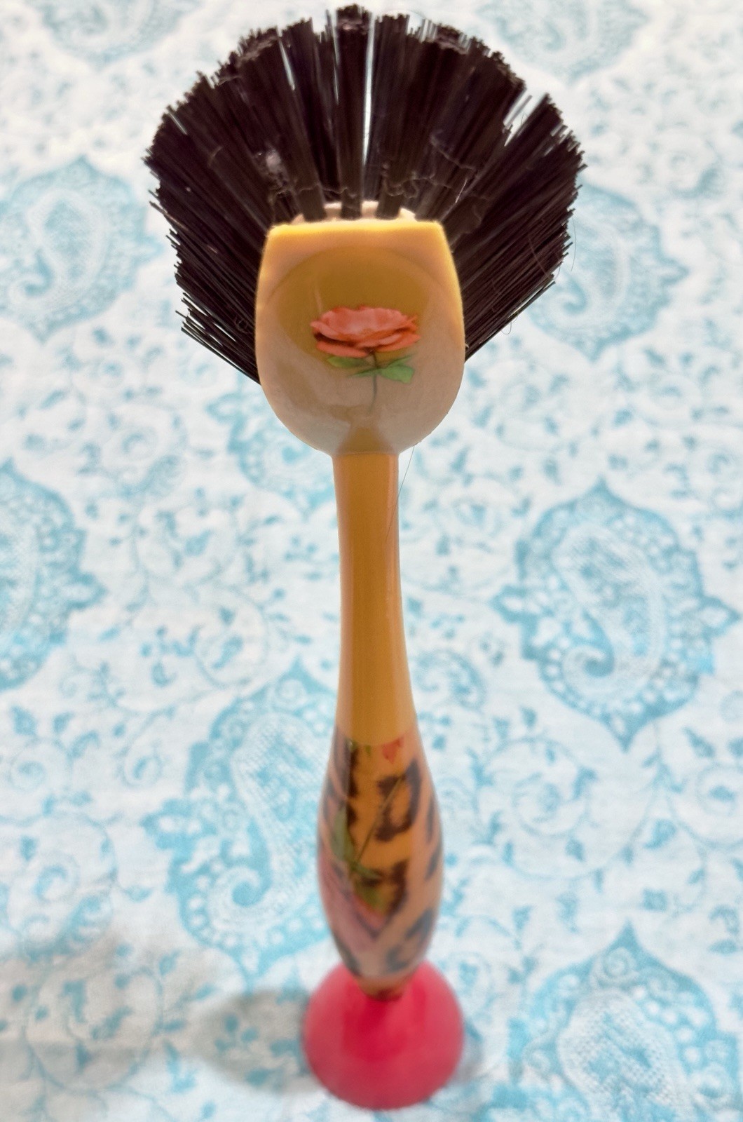 Vigar Dish Wash Standing Brush Vibrant Retro Rose Pattern Orange Red Swirls NWOT