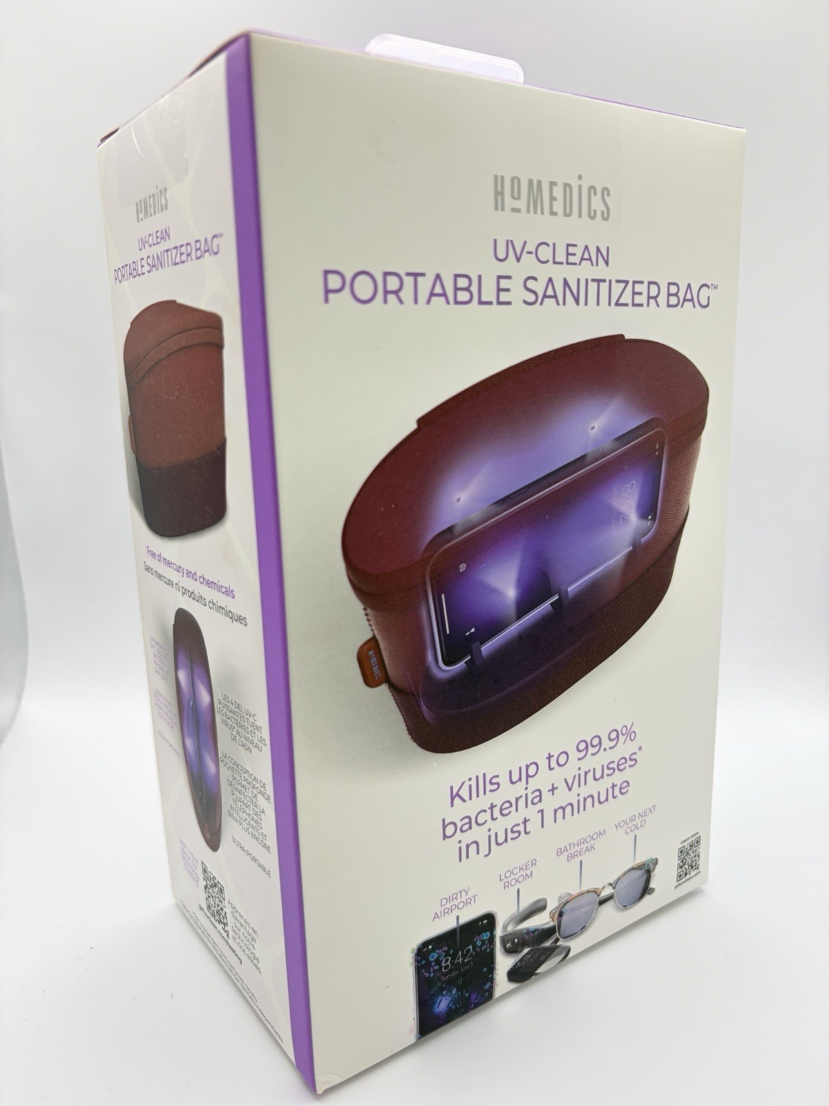NIB HoMedics UV-CLEAN Portable Sanitizer Bag Rechargeable UV-C LED Red SAN-B100