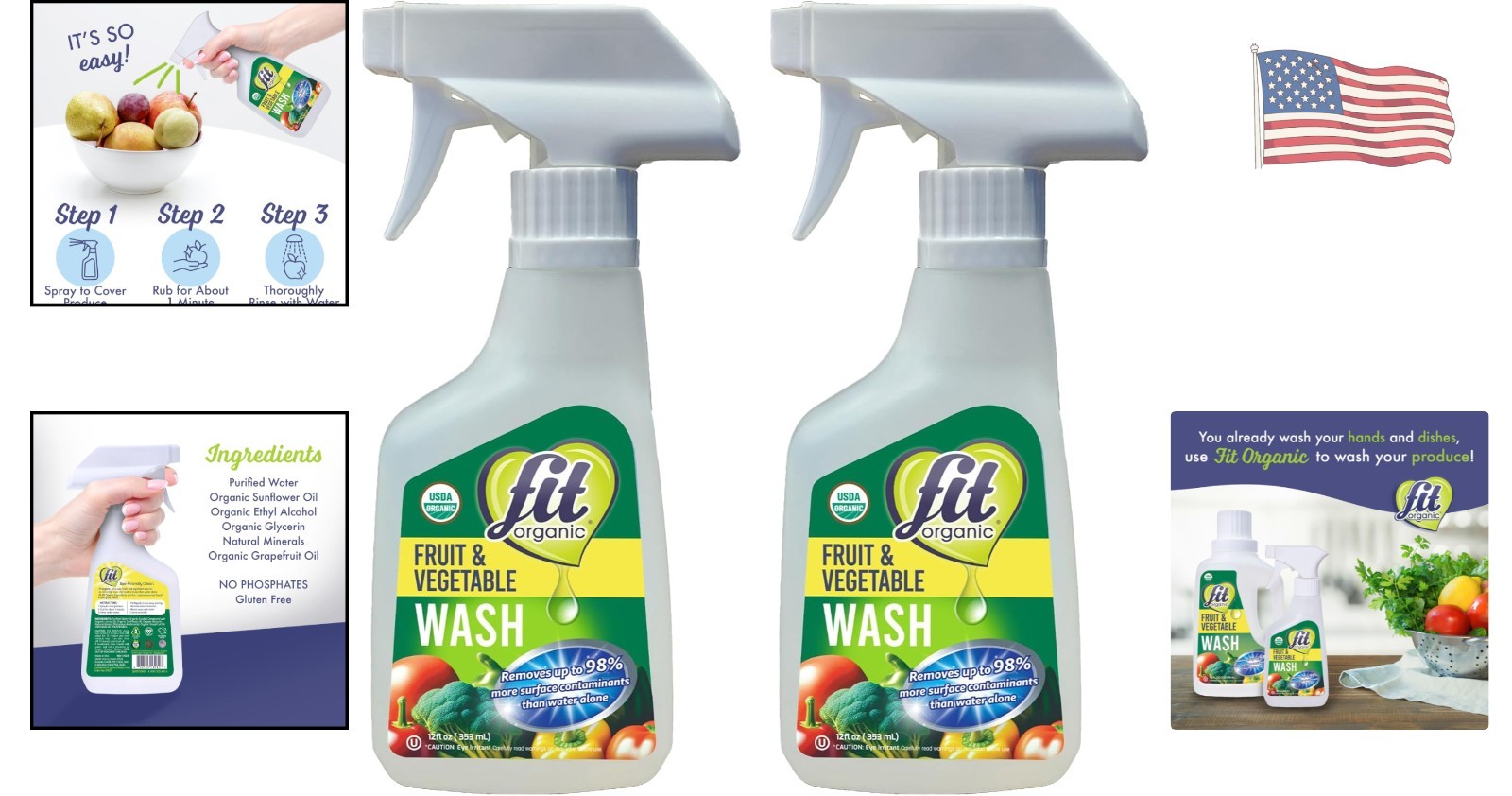 Natural & Chemical-Free Fruit and Vegetable Wash – Family Safe – 2-Pack 12 Fl Oz