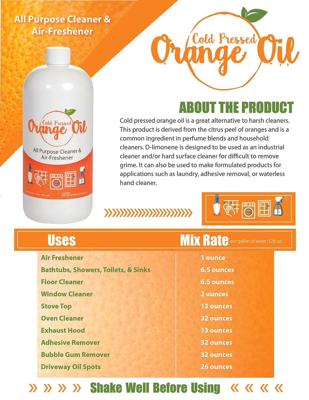 Premium Cold Pressed Orange Oil Concentrate- 32 oz (with D-Limonene), Concent…