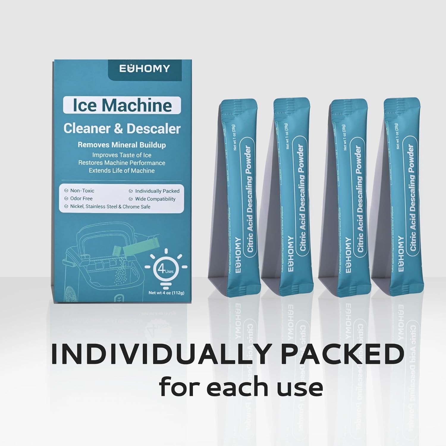 Ice Maker Cleaner & Descaler – 4 Single-Use Packs Organic Citric Acid Powder