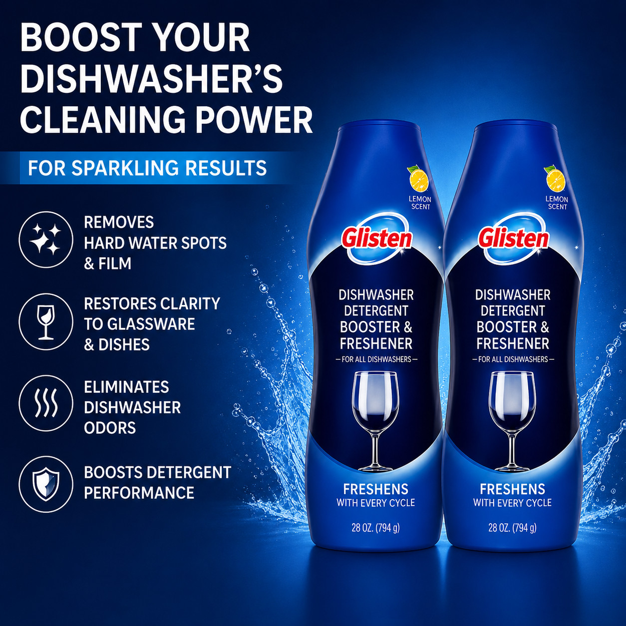 Glisten Dishwasher Detergent Booster Freshener 28 oz 2 Pack Hard Water Cleaner