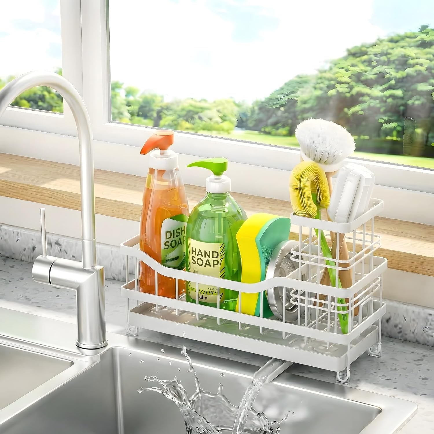 Sponge Holder for Kitchen Sink, Rustproof Sink Caddy Organizer with Dish Brush