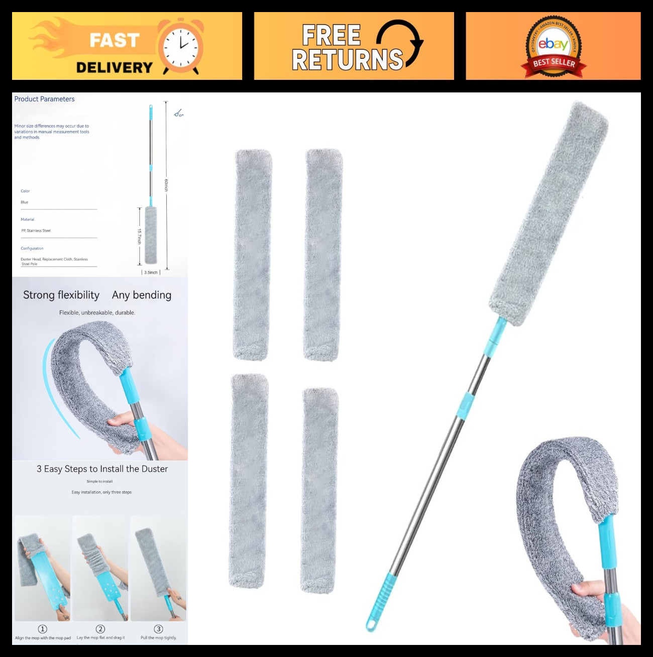 Retractable Gap Duster with 60″ Pole – Flexible Microfiber Brush for Appliances,