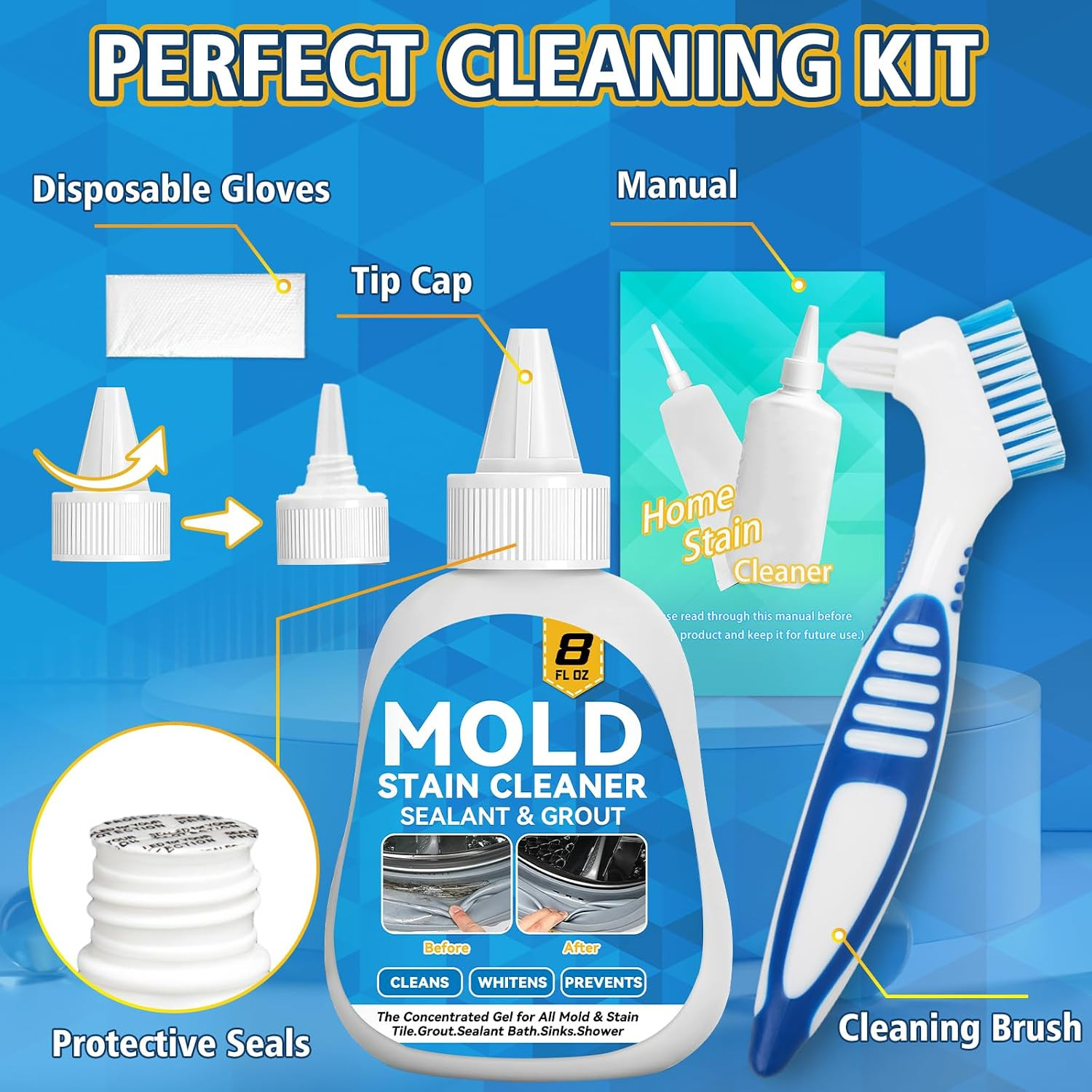 Housemold Stain Cleaner Gel, 8 Fl Oz Washing Machine Cleaner with Brush, Mold Cl