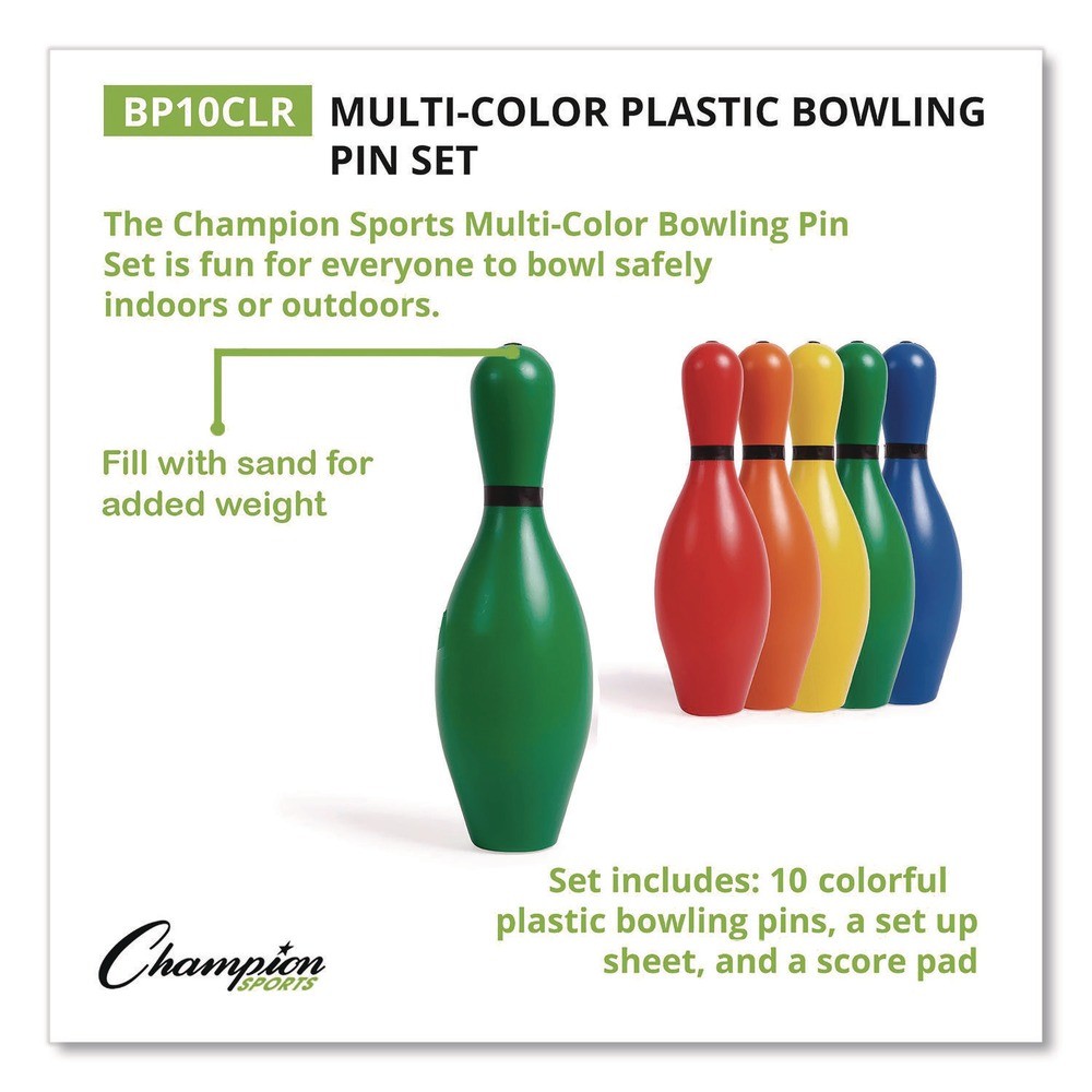 Champion Sports BP10CLR Plastic Bowling Pin Set – Assorted Colors (10/Set) New