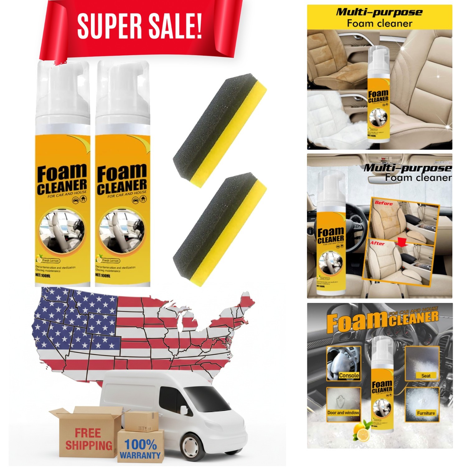 Foam Cleaner Spray for Car & Home – 2 Pack with Stain Removal & UV Protection