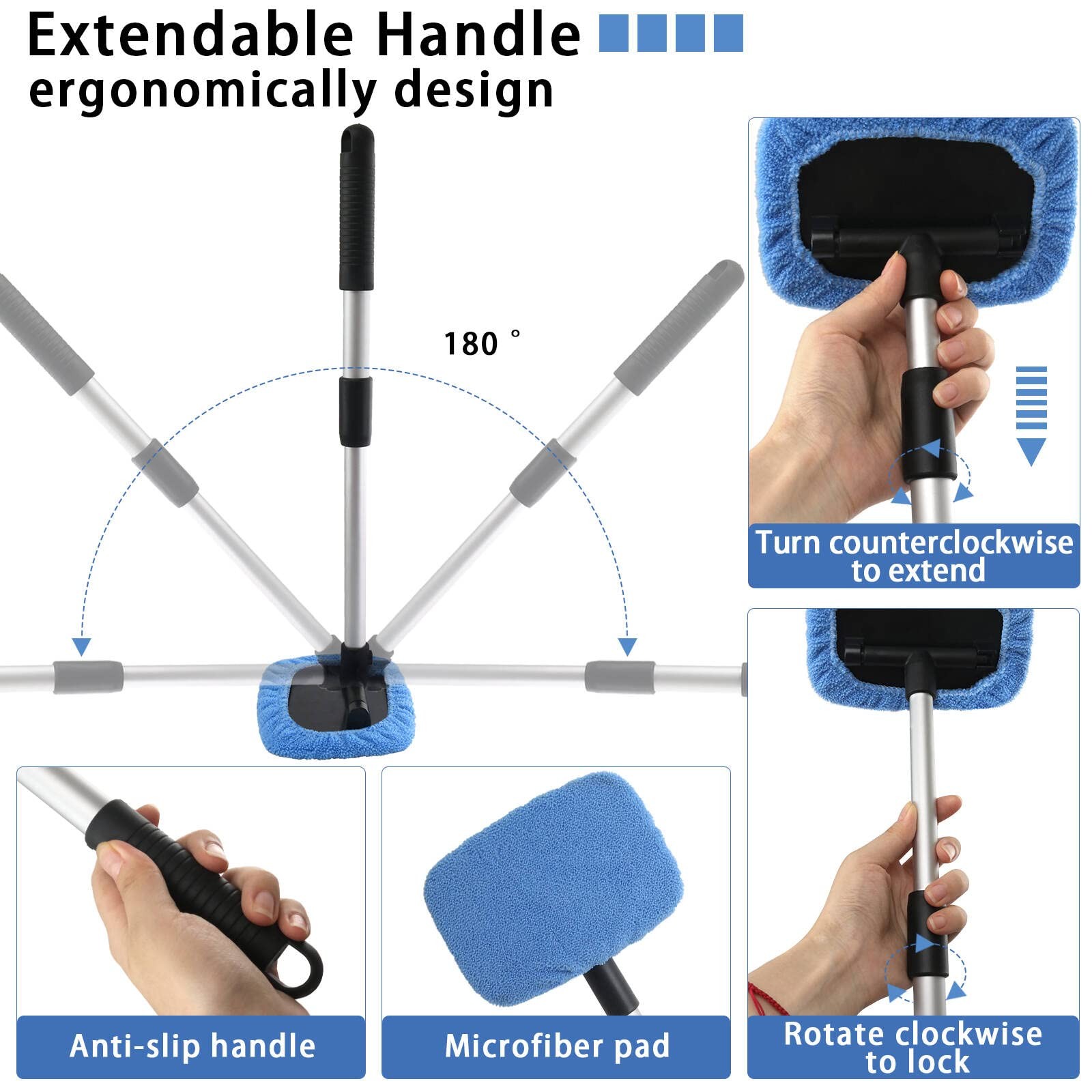 5PCS Windshield Cleaning Tool Kit 18in Microfiber Extendable Handle Glass Wiper