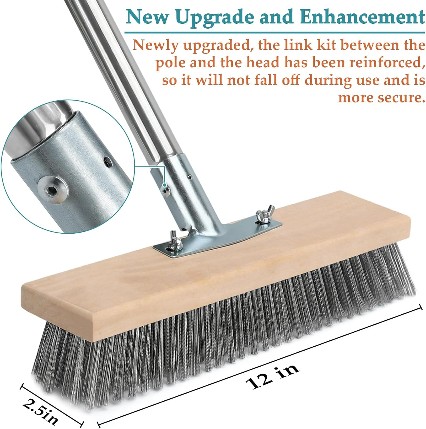 Stainless Steel Deck Scrub Brush with Long Handle, Outdoor Broom for Concrete, D