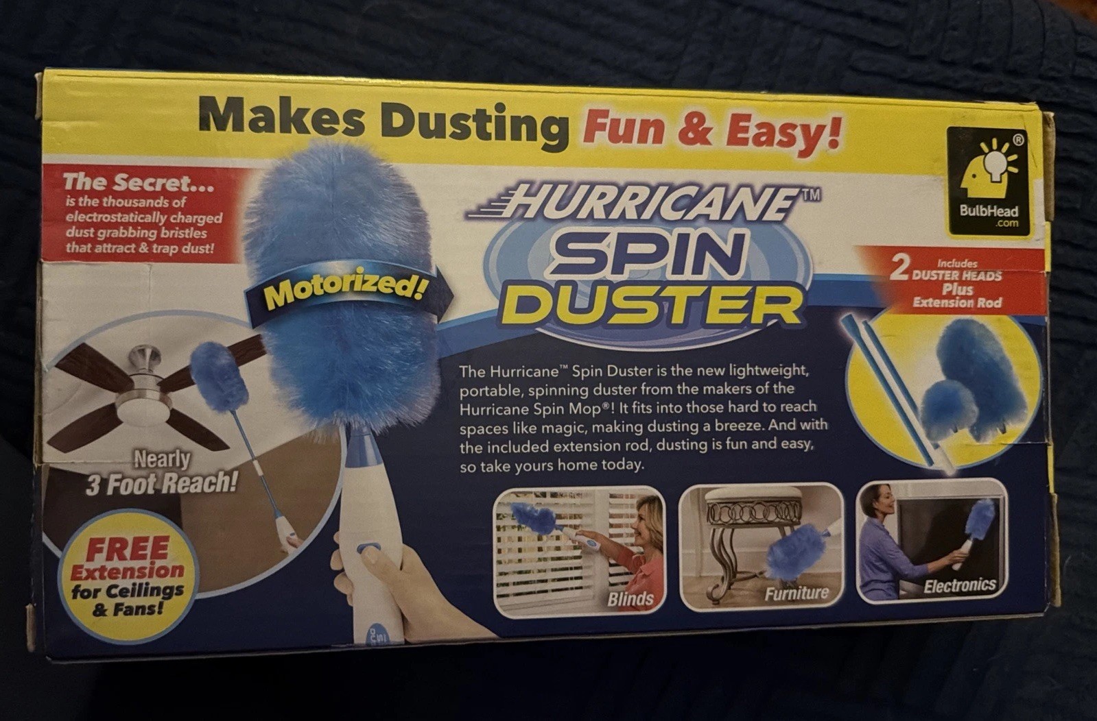 Hurricane Spin Duster Motorized Dust Wand w/3ft Extension For Ceiling Fans