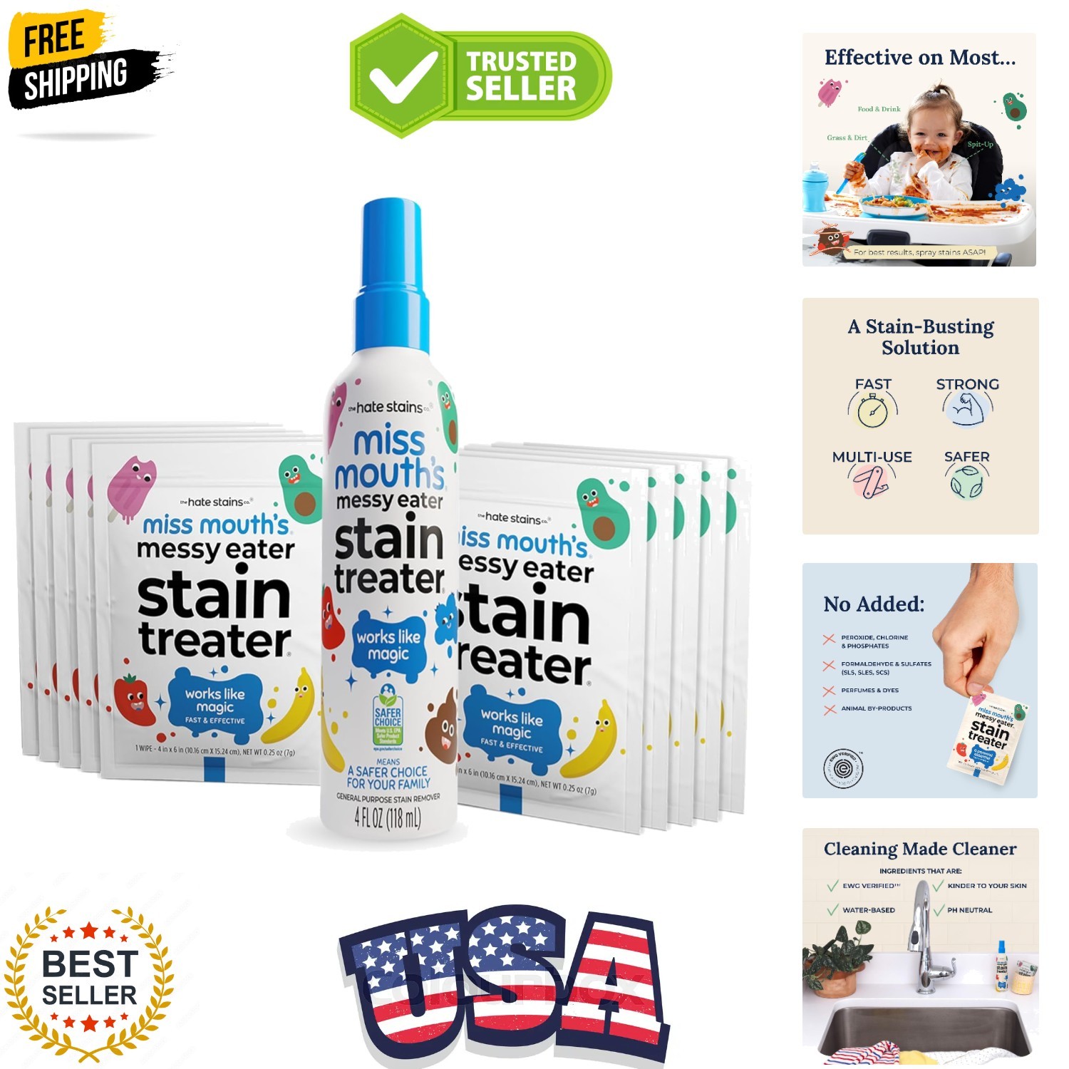 Messy Eater Stain Treater Spray – 4oz & 10 Wipes Stain Remover – Newborn & Ba…