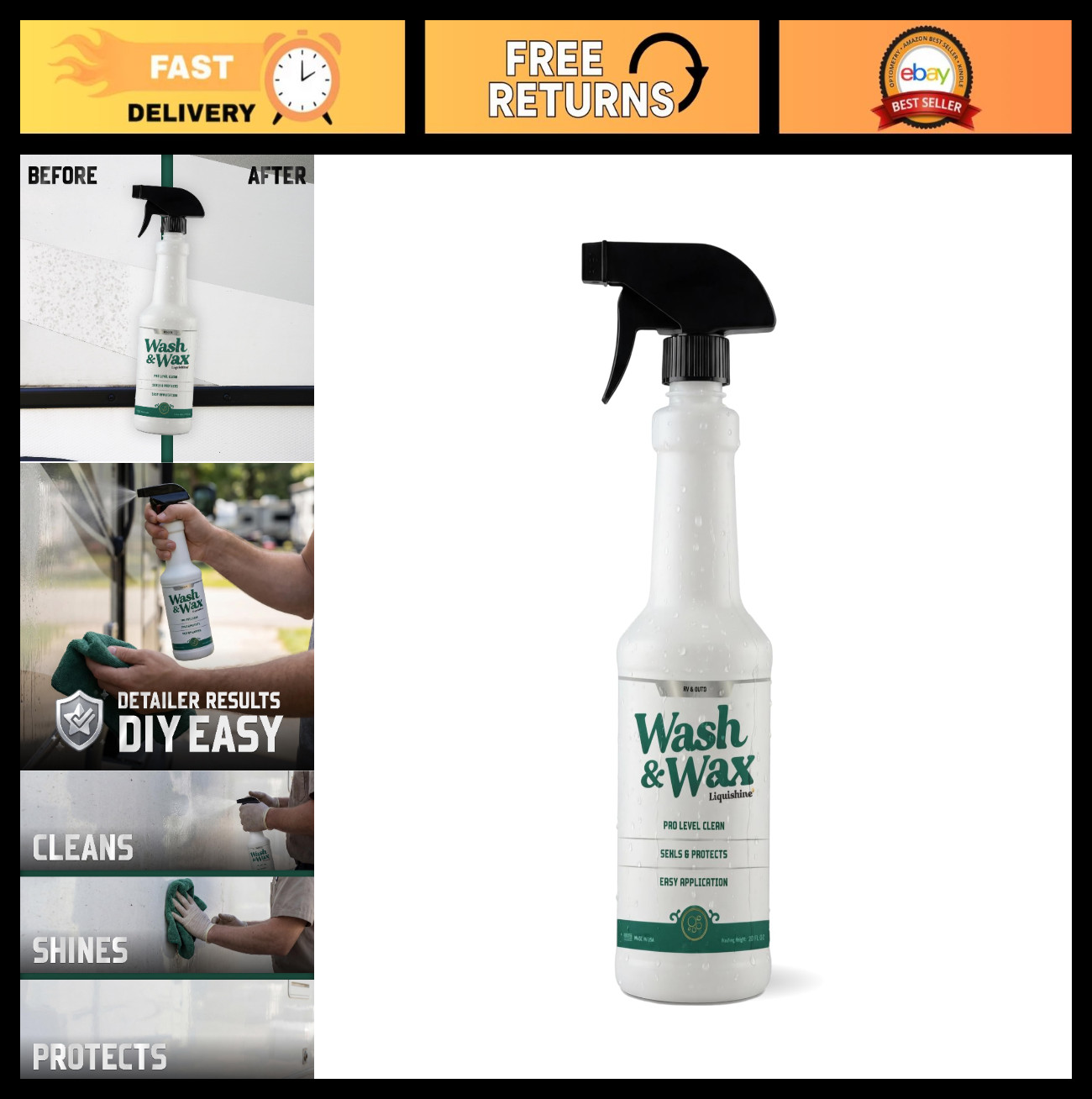 2-in-1 RV Wash & Wax Cleaner, Waterless or Traditional Soap, Removes Dirt & Bugs