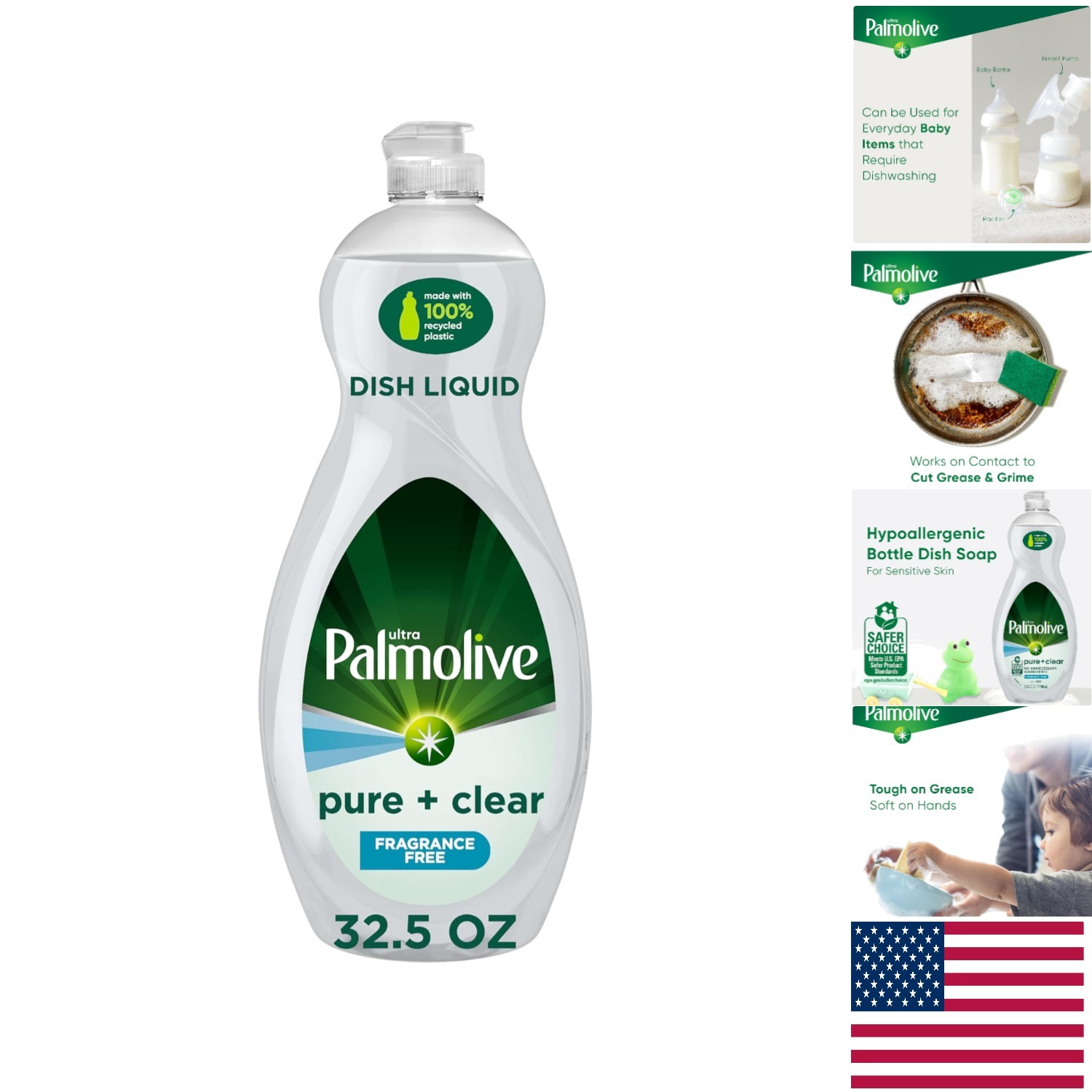 Concentrated Eco-Friendly Dish Soap – 32.5 Fl Oz Pure + Clear Unscented Formula