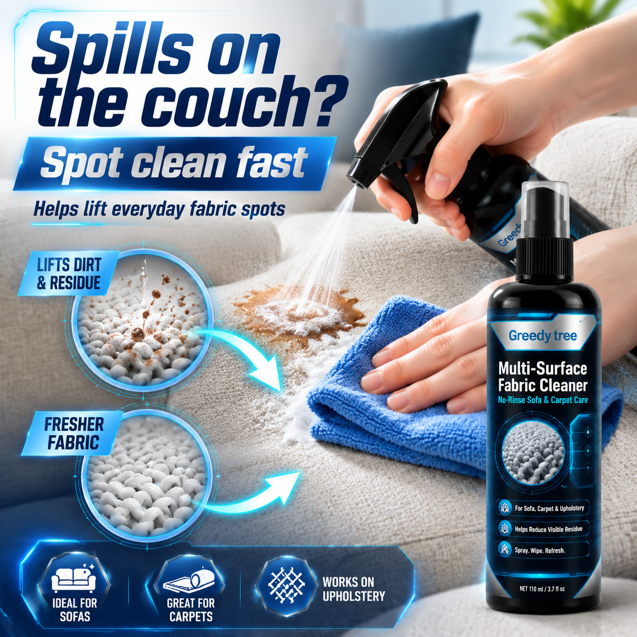 Sofa Mattress Dry Cleaner 110ML, Waterless, for Clothes Carpet Curtain
