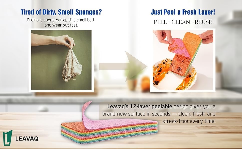LEAVAQ Peelable Microfiber Sponges 4 Pack – 12-Layer Tear Away PVA Cleaning
