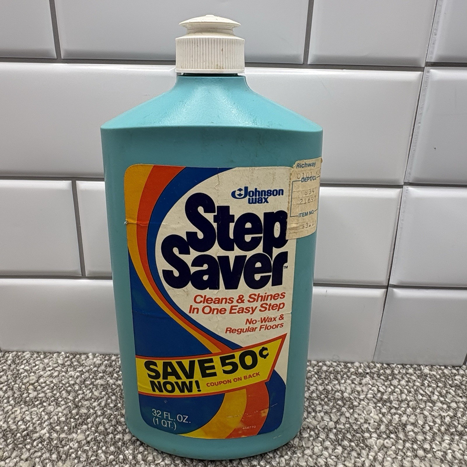 Johnson Wax Step Saver Floor Finish Blue Bottle 60% Full VTG Advertising Prop
