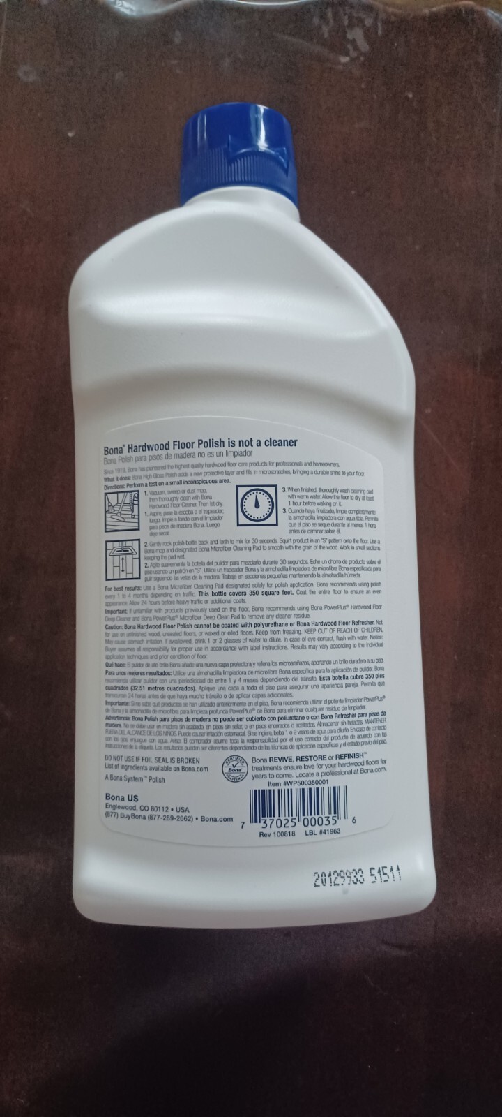 New Bona Hardwood Floor Polish High Gloss Formula Tansforms & Renews Shine 24 oz