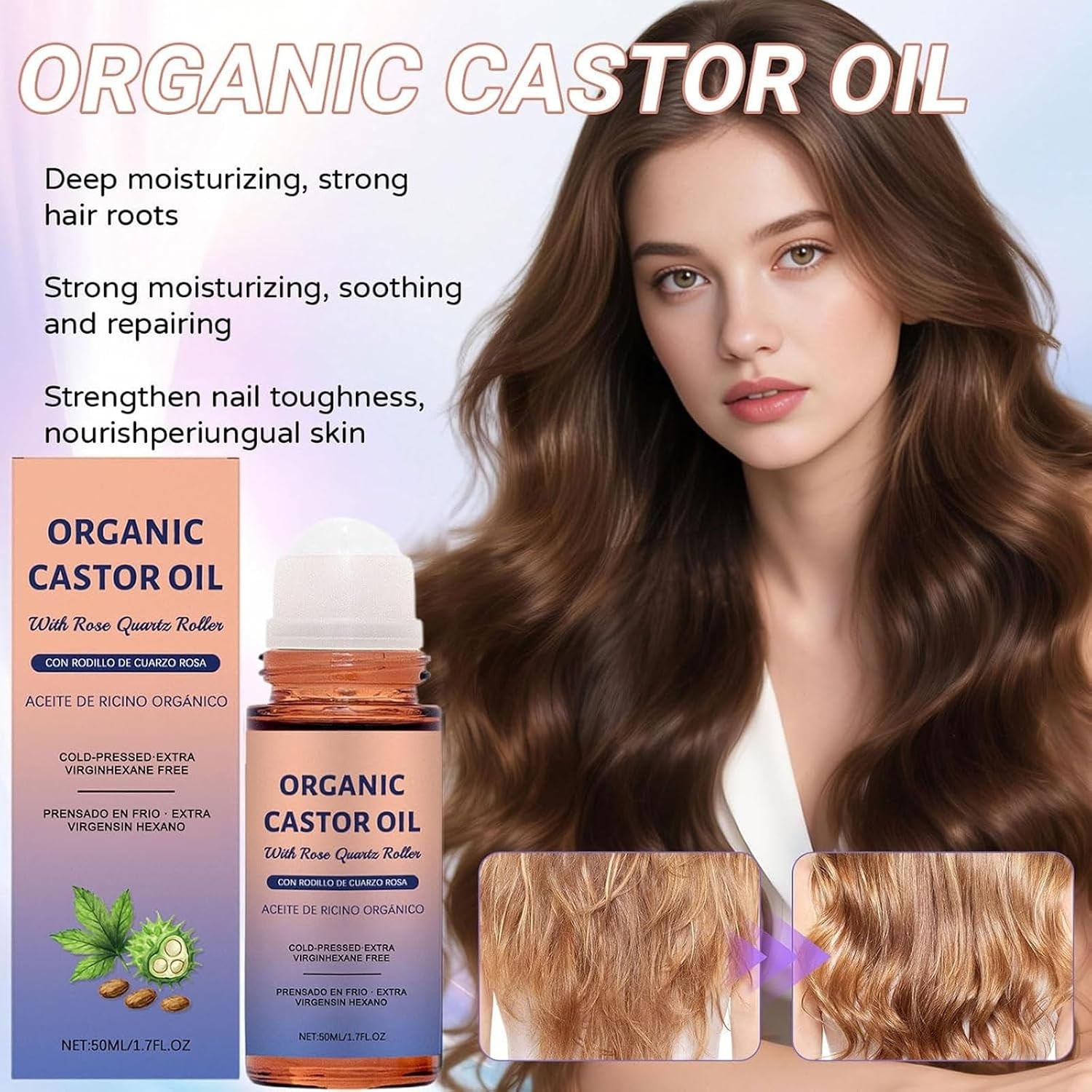 Organic Castor Oil with Rose Quartz Roller, 100% Pure Cold-Pressed