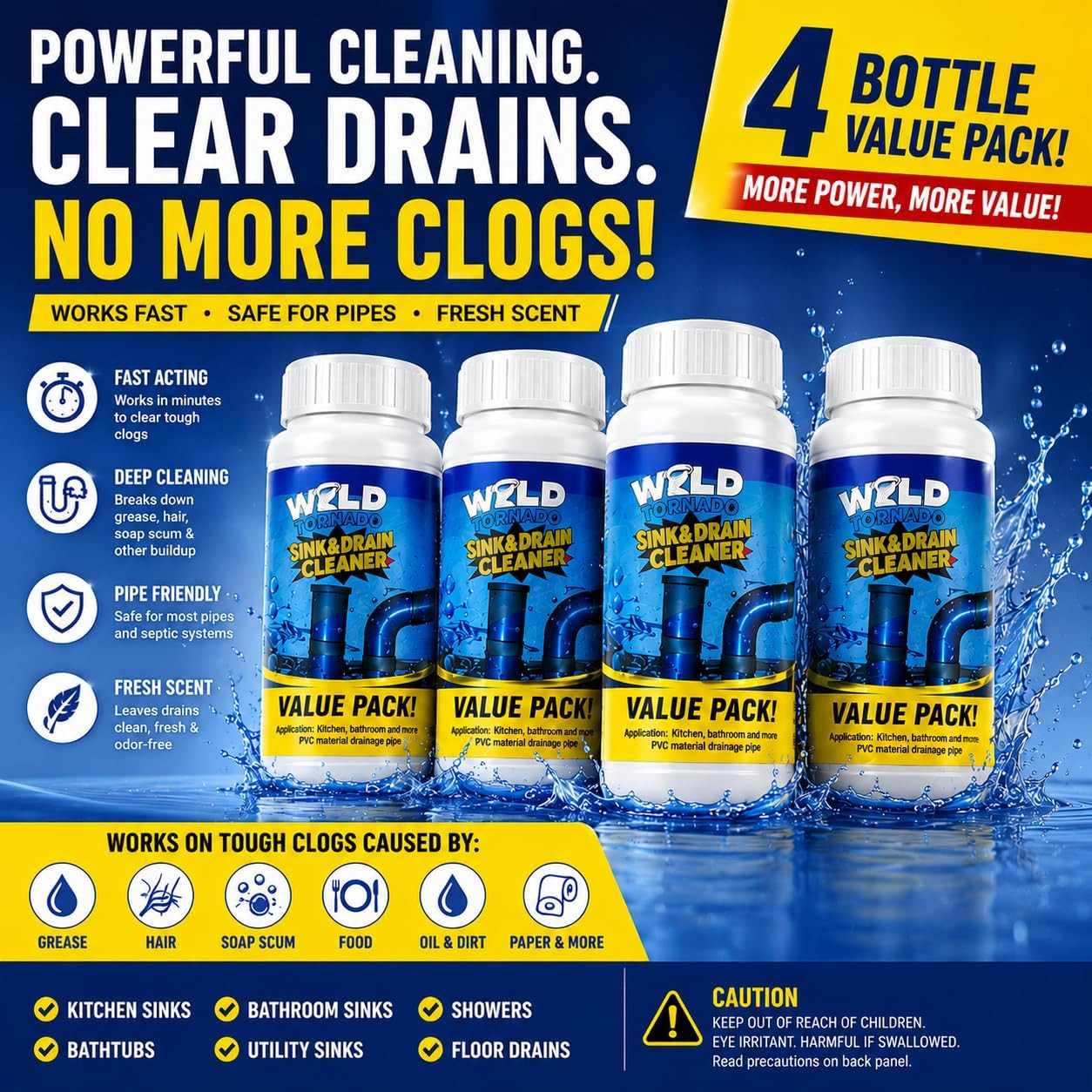 Wild Tornado Sink and Drain Cleaner, Drain Clog Remover & Opener (4Pcs) | Wild T
