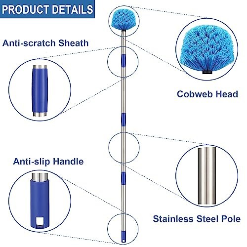 Cobweb Duster with Pole 4FT Stainless Steel Medium-Stiff Bristles High Ceiling