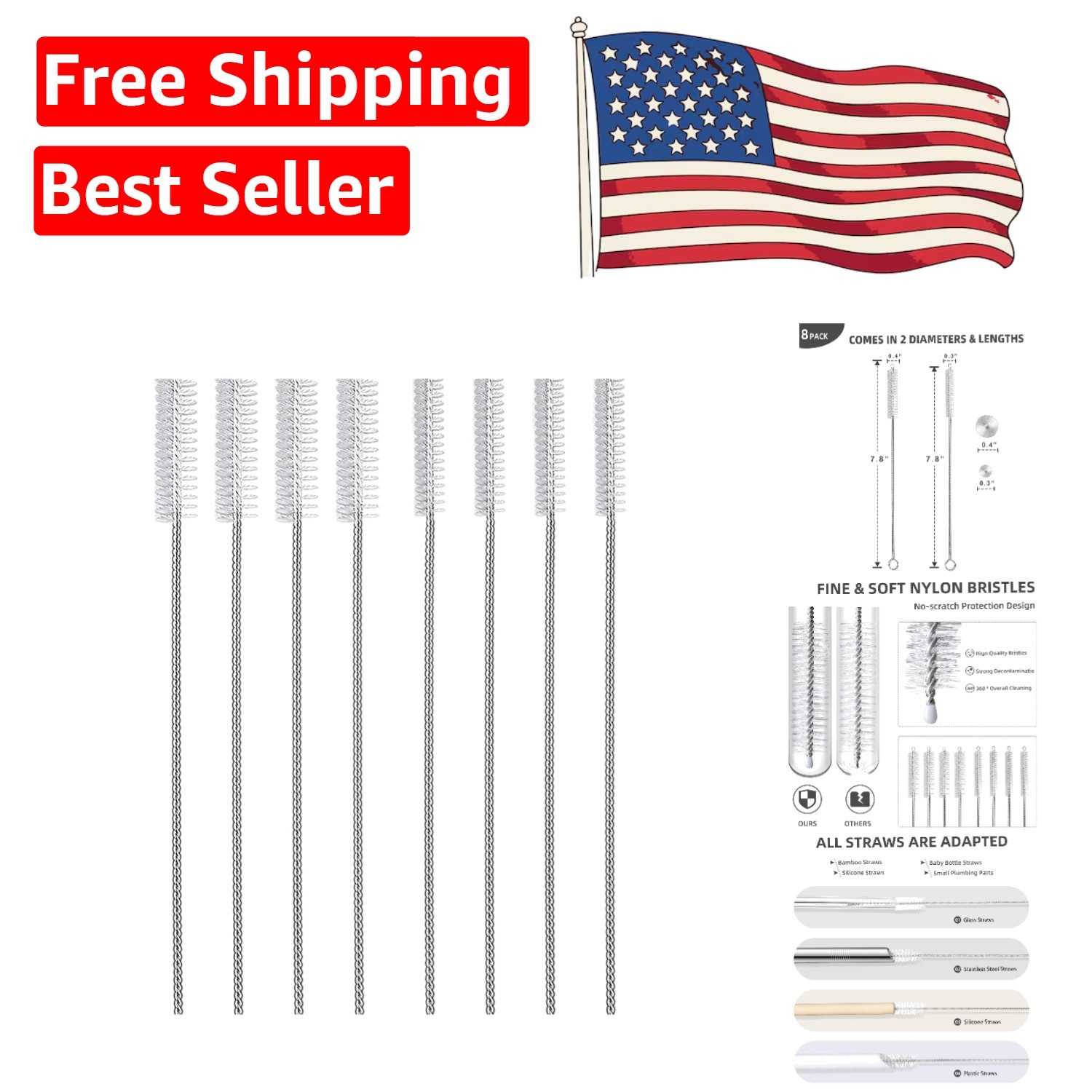 Food-Grade 8-Piece Brush Set for Straw & Drinkware Cleaning – Dishwasher Safe