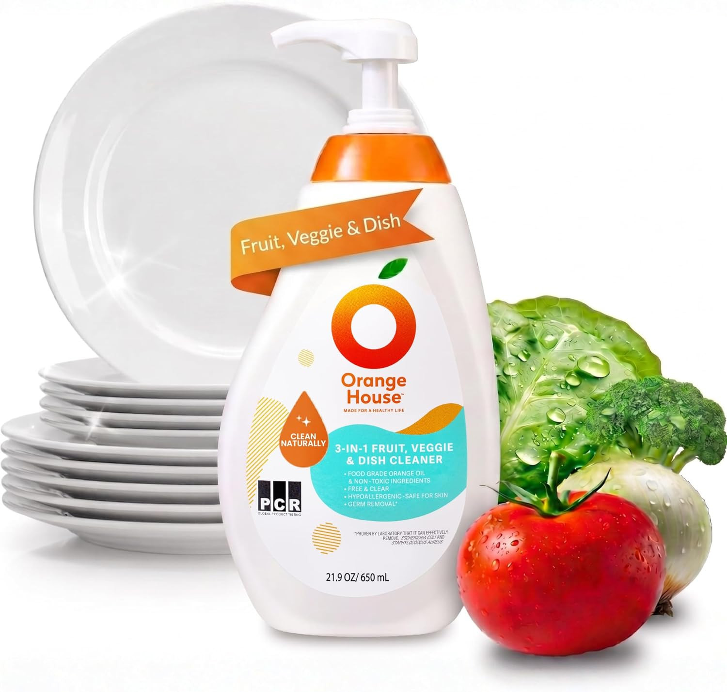 3 in 1 Plant Based Dish Soap, Non Harmful Ingredients Veggie Wash, Orange Oil Fr