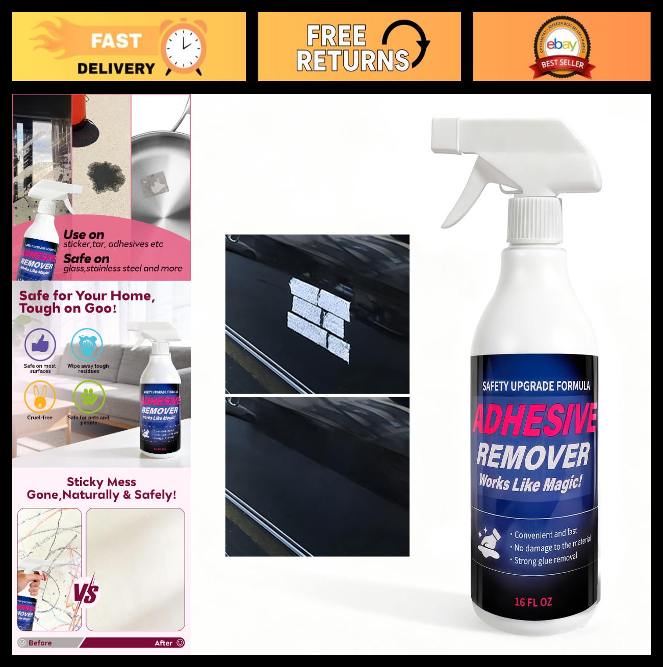Heavy Duty Adhesive Remover Spray – Sticker Eraser for Cars, Glass, Metal & Plas