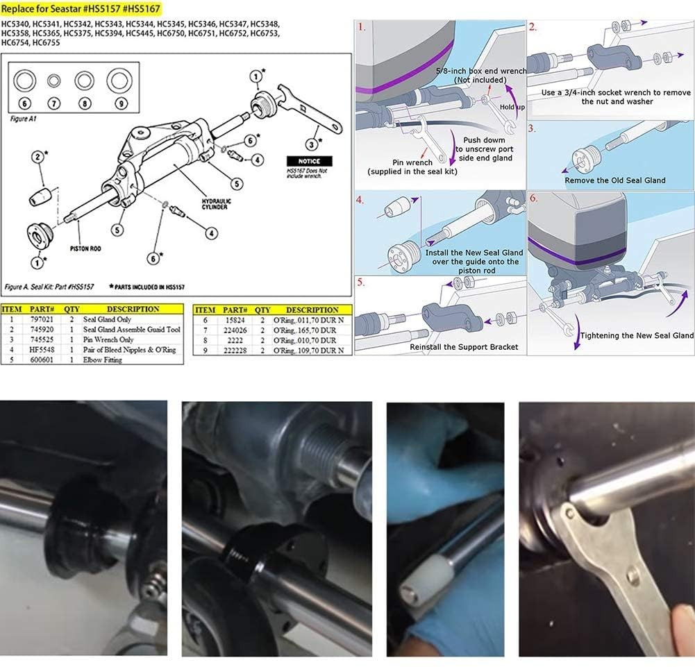 Fit for Seastar Front Mount Hydraulic Steering Cylinder Seal Kit #HS5157 & Steer