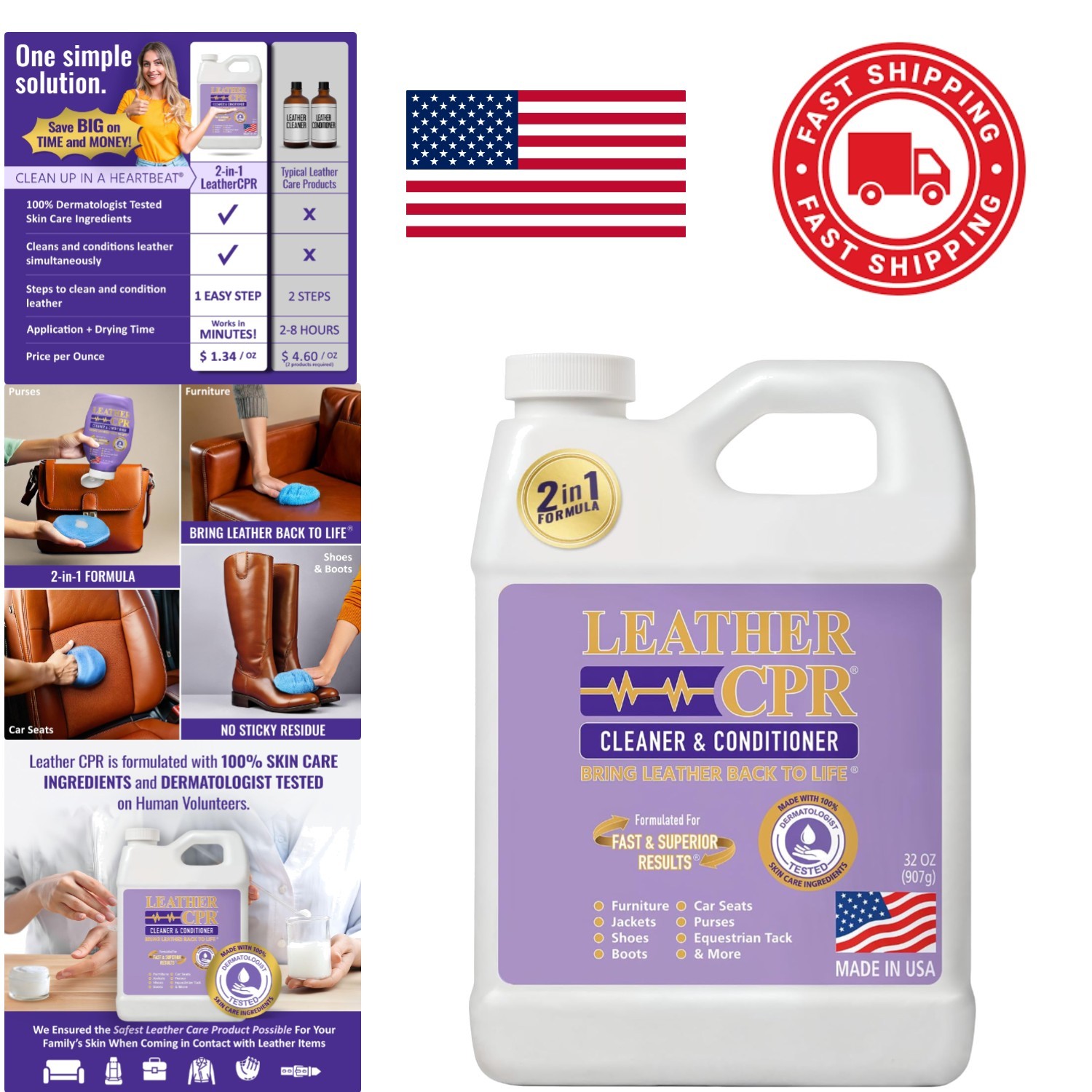 Leather Care Cleaner and Conditioner 32 Ounce Safe Formula for All Leather Types