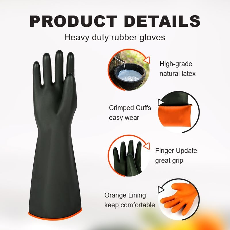 Heavy-Duty Latex Chemical Resistant Gloves – Reusable Long Rubber 14”, Black