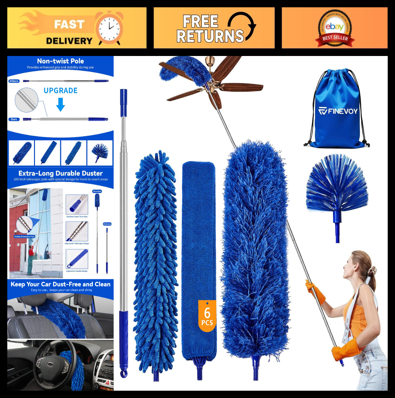 6-in-1 Duster Kit with 100″ Extension Pole, Microfiber Cobweb & Gap Cleaner for