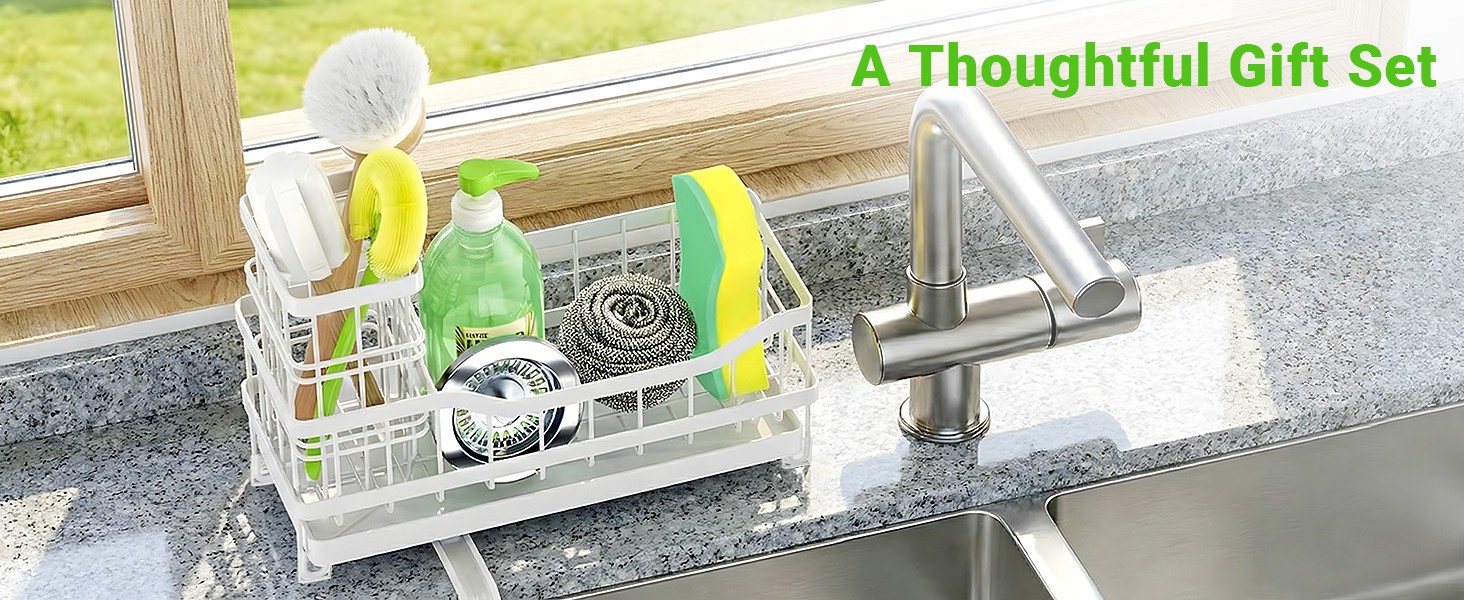 Sponge Holder for Kitchen Sink, Rustproof Sink Caddy Organizer with Dish Brush