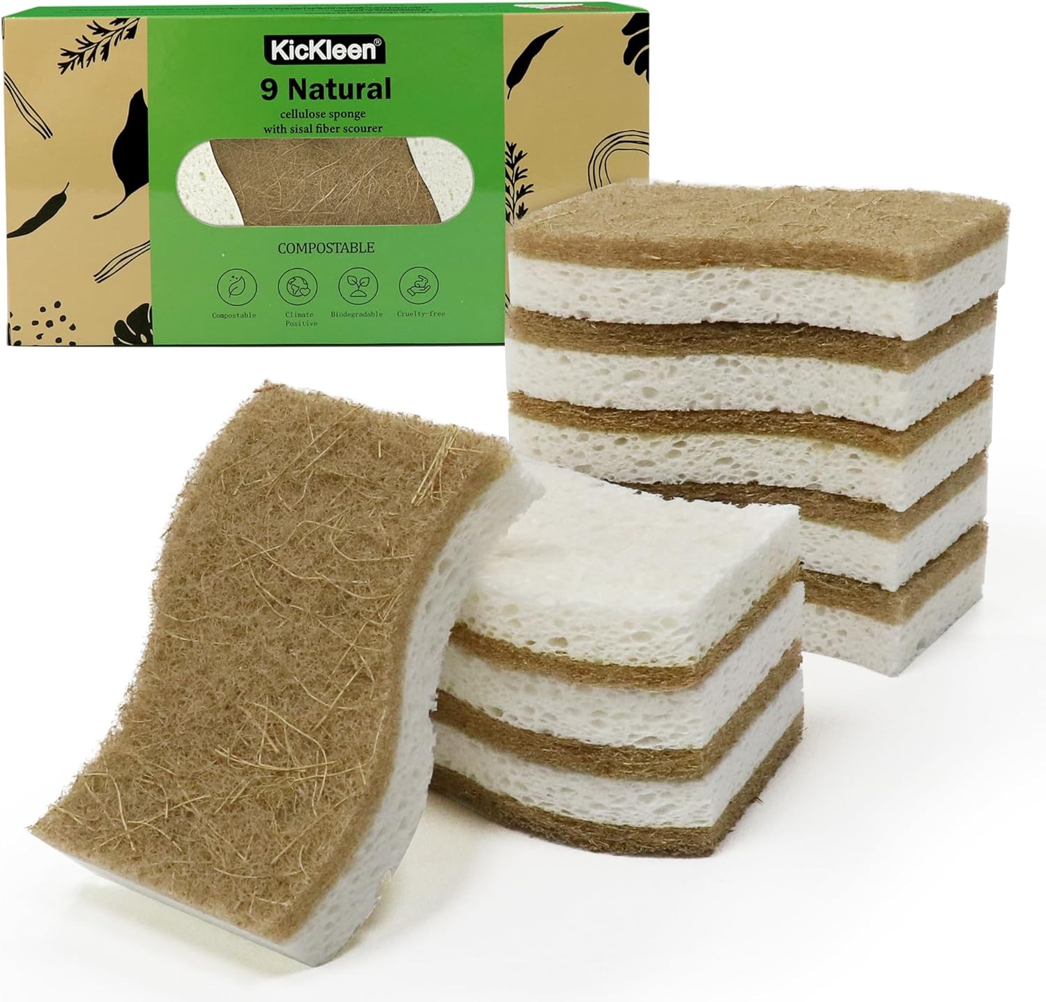9 Pack Biodegradable Natural Kitchen Sponge – Compostable Cellulose and Coconut