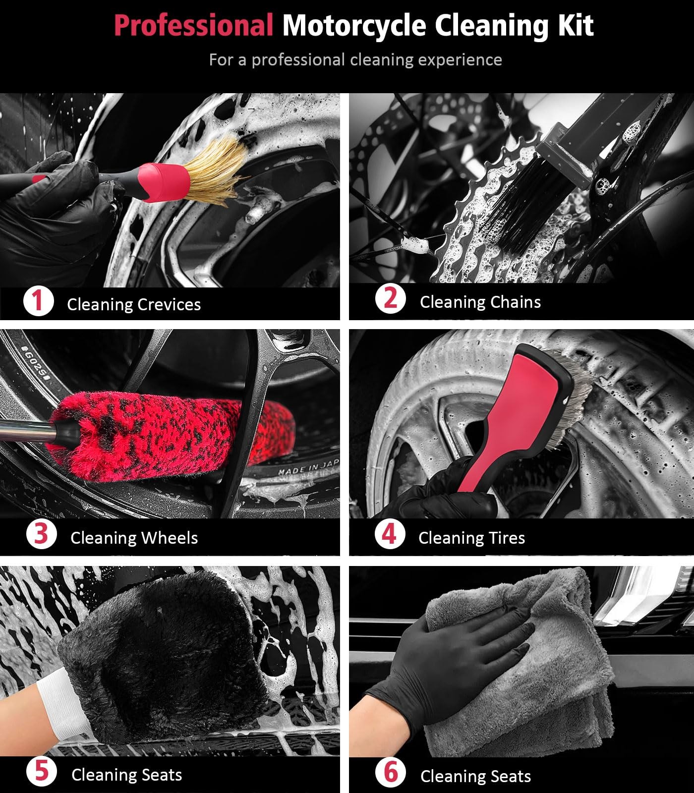 6PCS Motorcycle Cleaning Kit with Boar Hair Detailing Brush-Safe for Chrome,C…