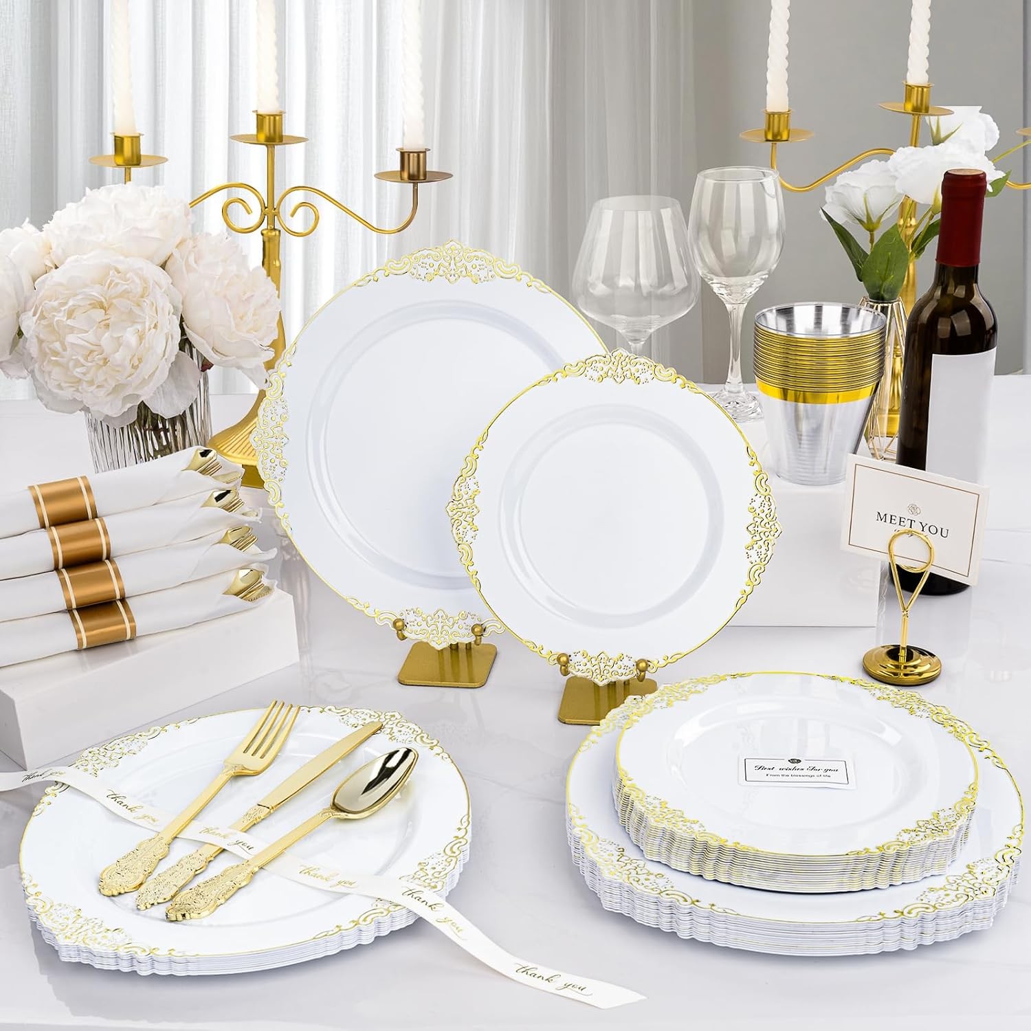 Realluck 350 PCS White and Gold Plastic Plates, Plastic Dinnerware Set for 50