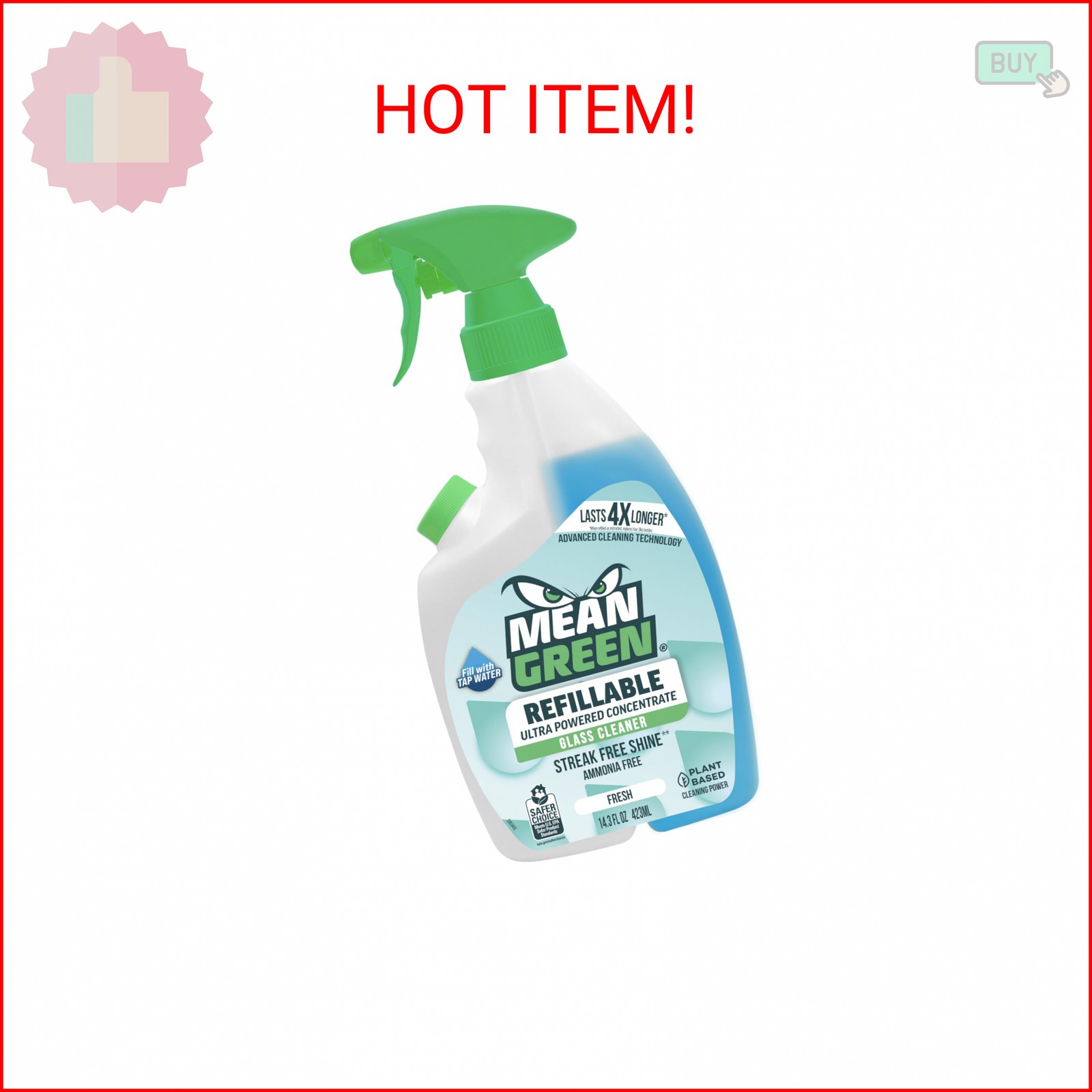 Mean Green Refillable Ultra Powered CONCENTRATE Glass Cleaner, Fresh, 14.3 Ounce