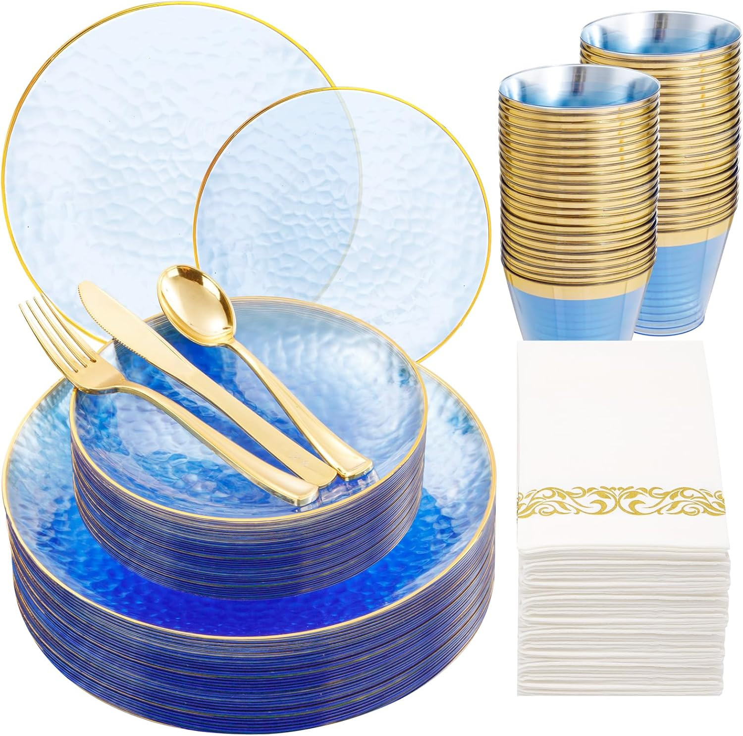 Dayammi 175PCS Clear Blue Gold Plastic Dinnerware Set for 25 Guests, Hammered Di