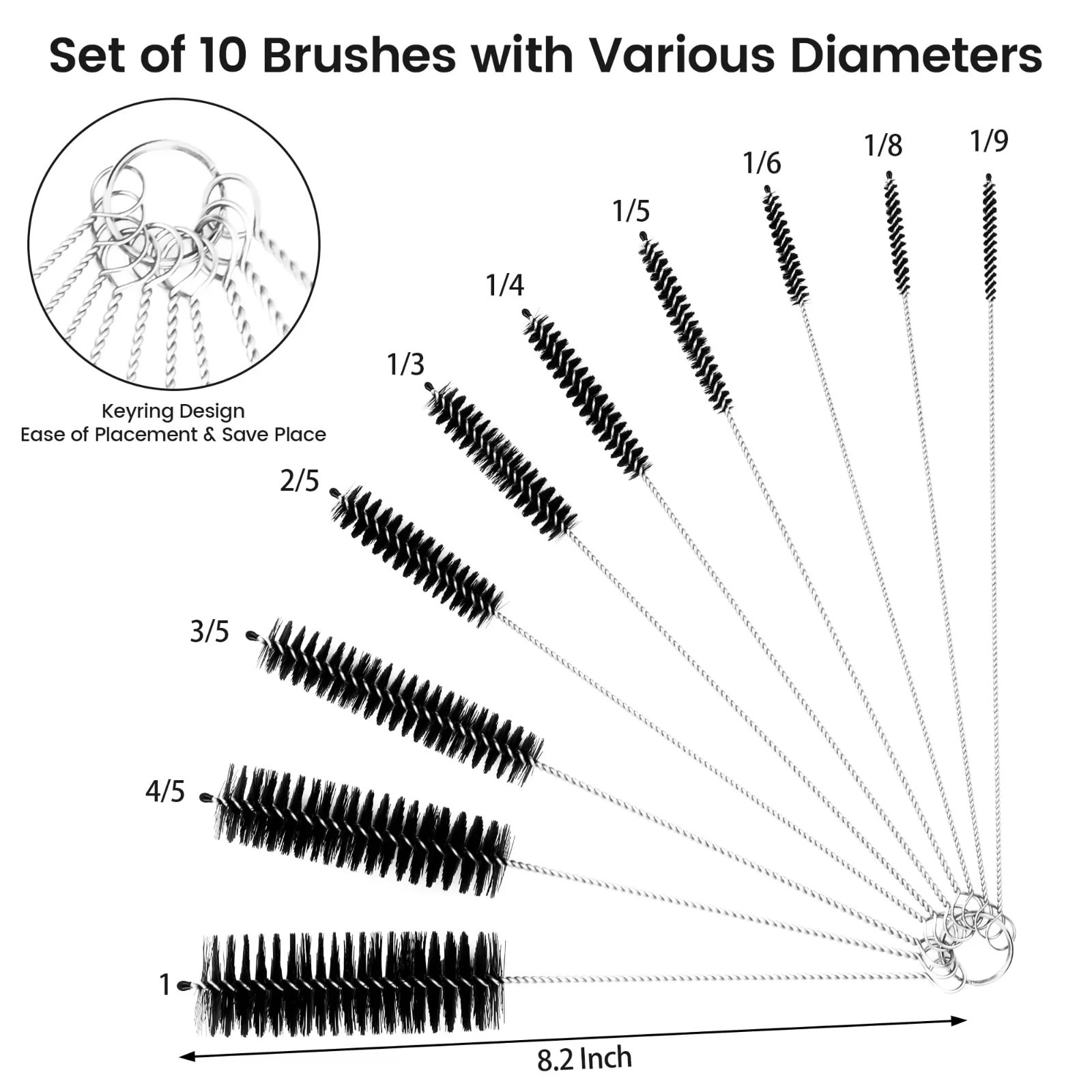 US Nylon Straw Brush Cleaner Bottle Tube Pipe Small Long Cleaning 10Pcs Set