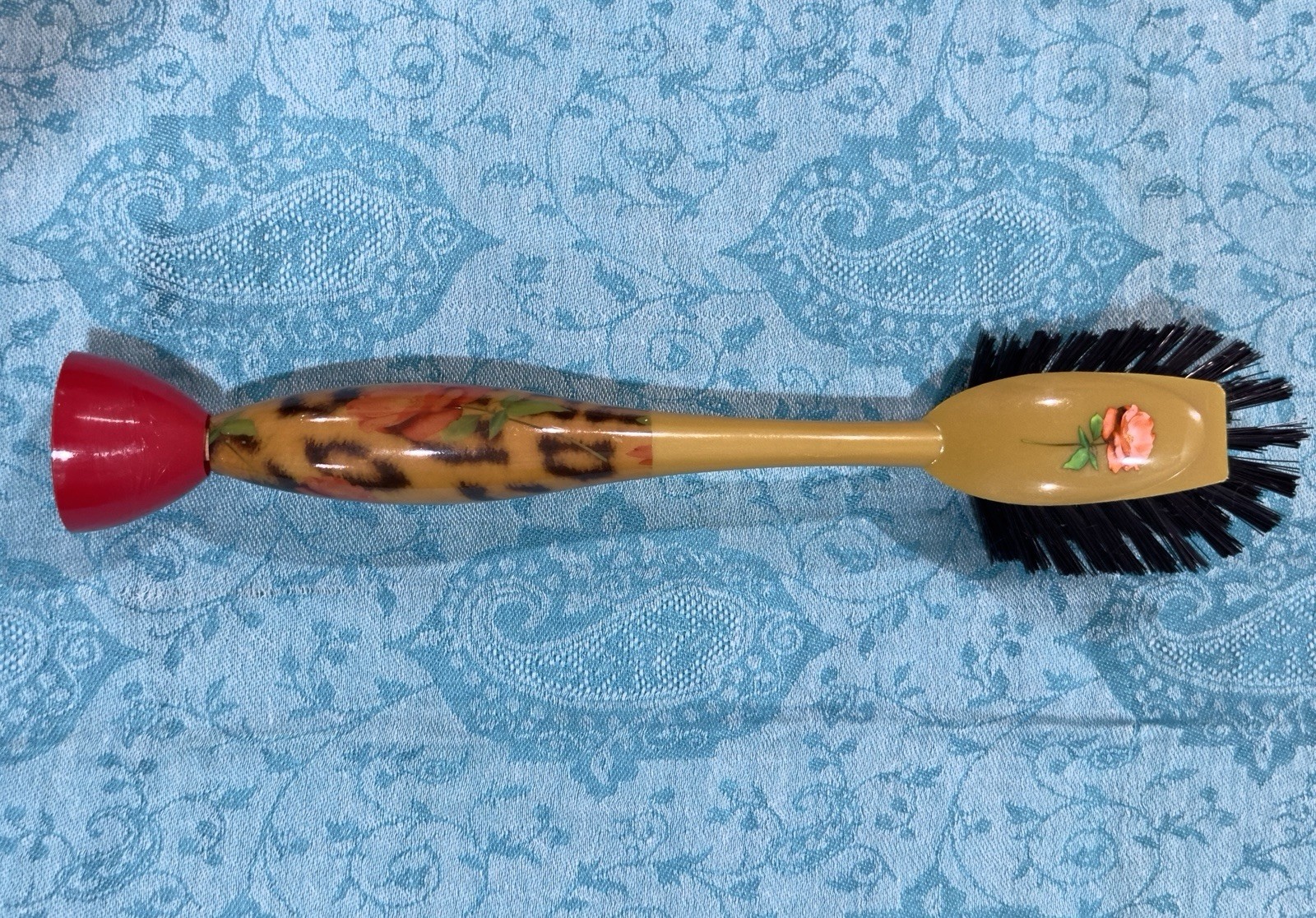 Vigar Dish Wash Standing Brush Vibrant Retro Rose Pattern Orange Red Swirls NWOT