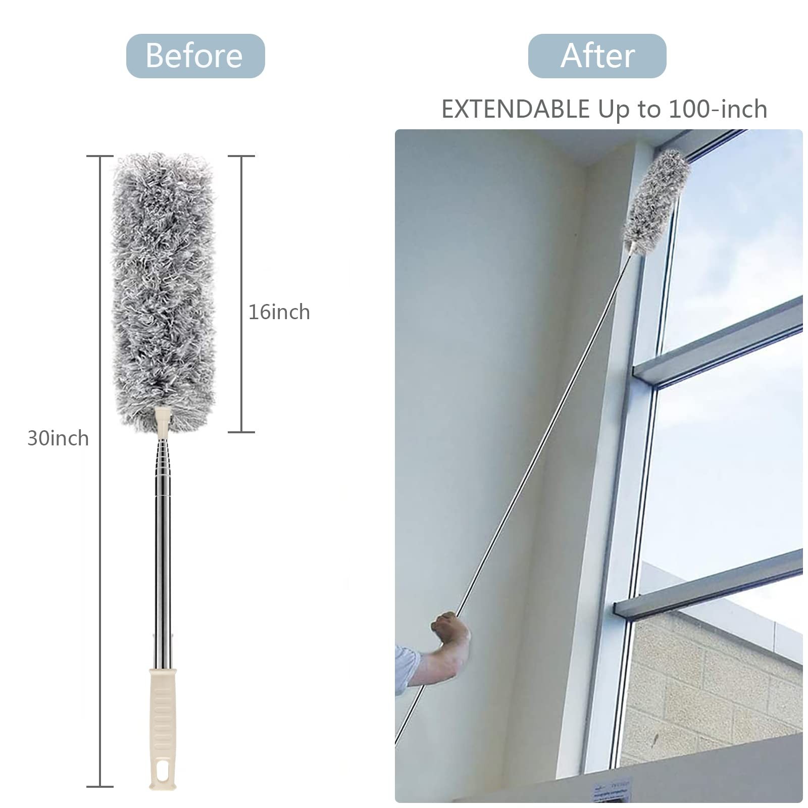 Microfiber Duster with Extension Pole(Stainless Steel) 30 to 100”, with Bend…