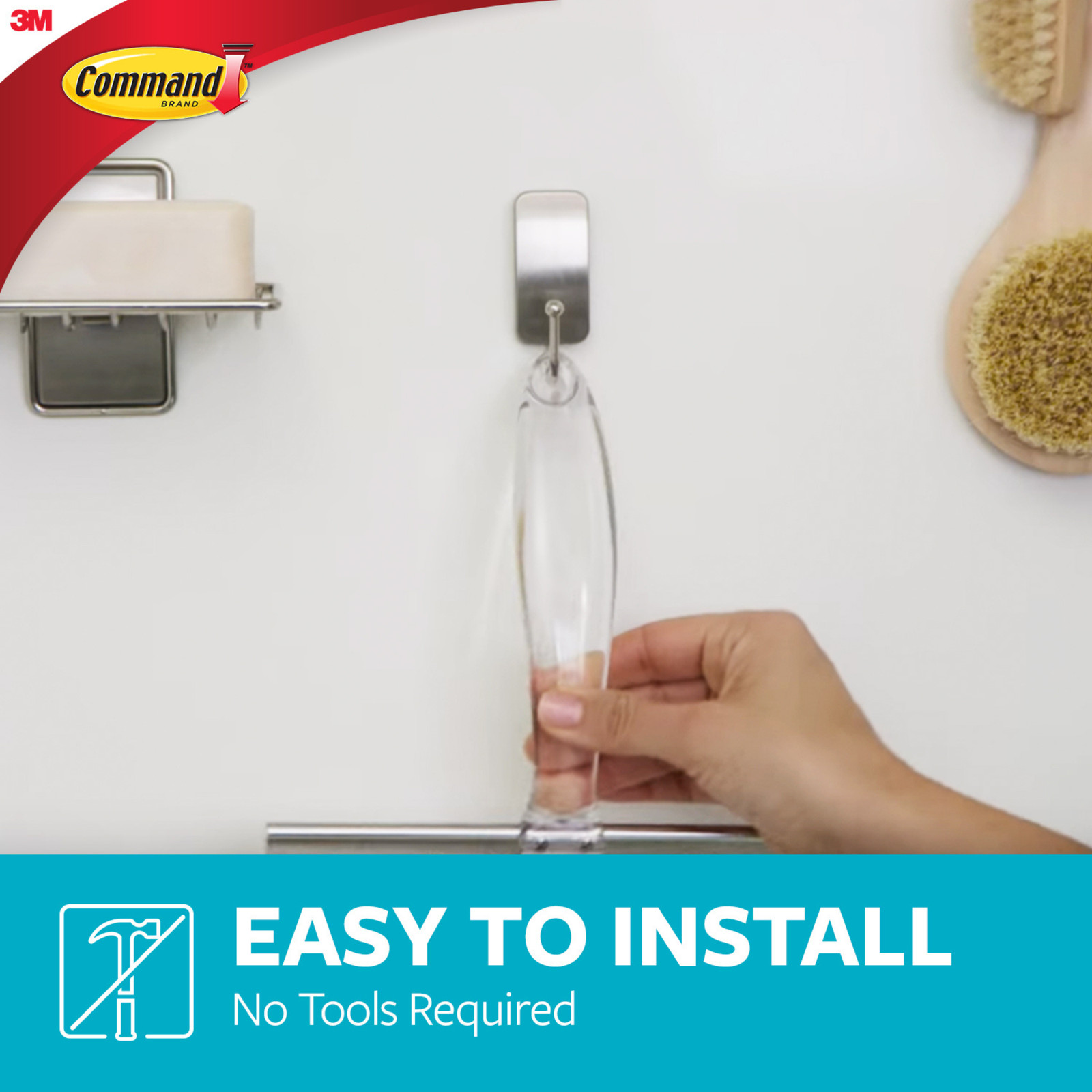 Command Bath Squeegee and Hook [Removable]: Stainless Steel and Satin Nickel Sil