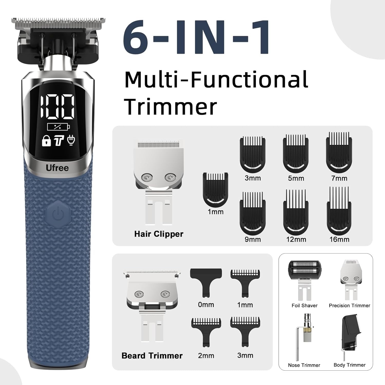 Ufree 6-in-1 Professional Beard Trimmer for Men, IPX6 Waterproof Electric Shav